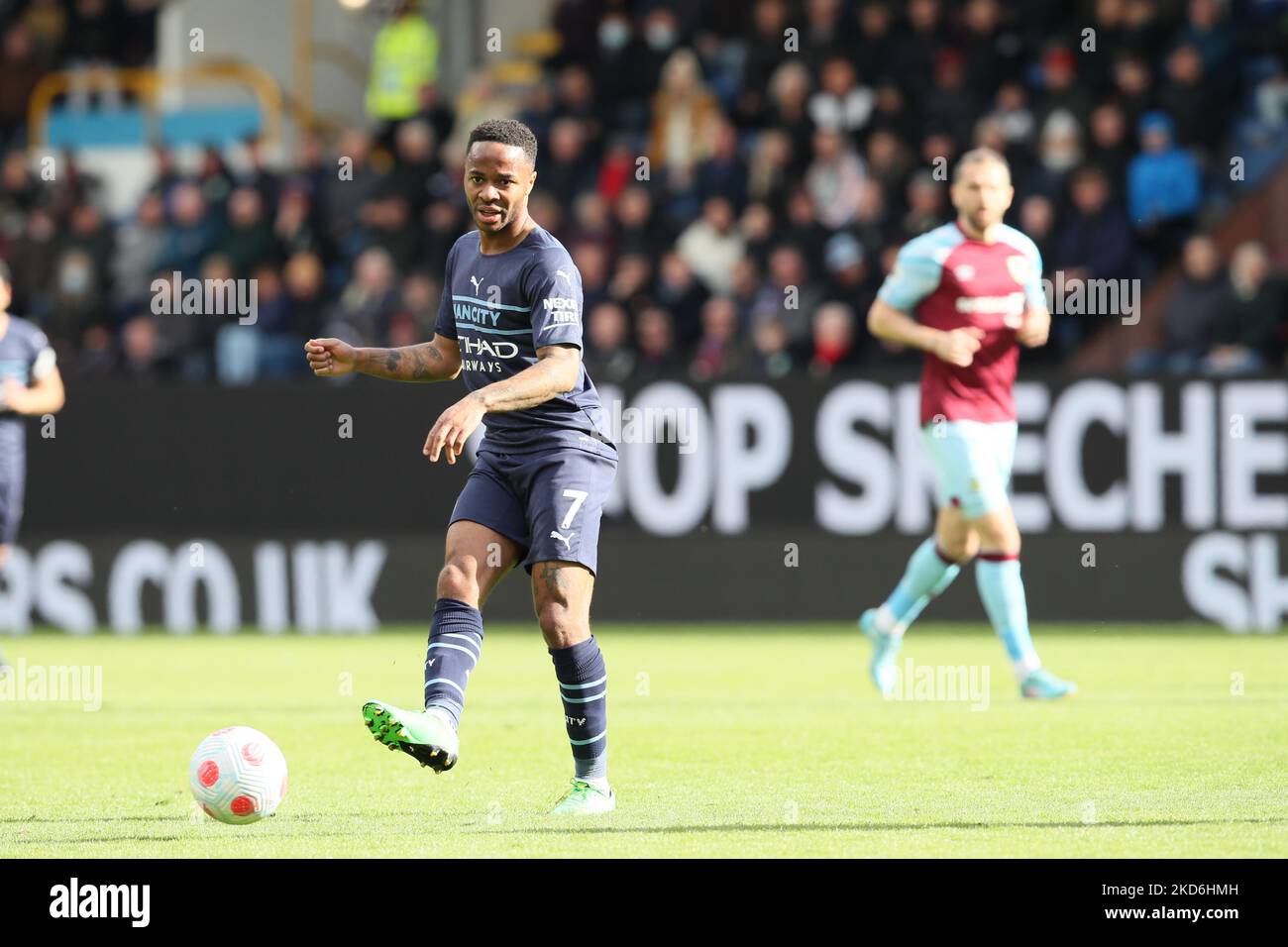 Raheem Sterling of Manchester City passes during the Premier League match between Burnley and Manchester City at Turf Moor, Burnley on Saturday 2nd April 2022. (Photo by Pat Scaasi/MI News/NurPhoto) Stock Photo