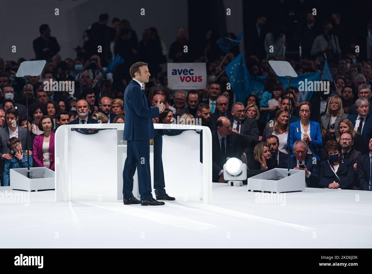French President and candidate for his own re-election of the liberal party La République en Marche (LREM), Emmanuel Macron, speaks during his first campaign rally held at the U Arena in Paris La Défense in front of several thousand supporters and members of his government, in Nanterre, a suburb of Paris, April 2, 2022. (Photo by Samuel Boivin/NurPhoto) Stock Photo