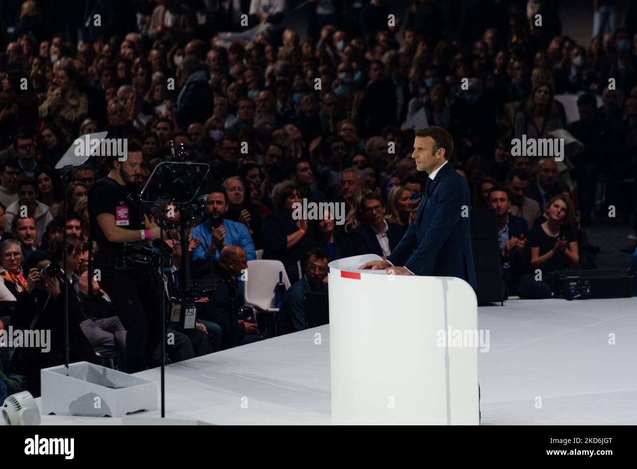 French President and candidate for his own re-election of the liberal party La République en Marche (LREM), Emmanuel Macron, speaks during his first campaign rally held at the U Arena in Paris La Défense in front of several thousand supporters and members of his government, in Nanterre, a suburb of Paris, April 2, 2022. (Photo by Samuel Boivin/NurPhoto) Stock Photo