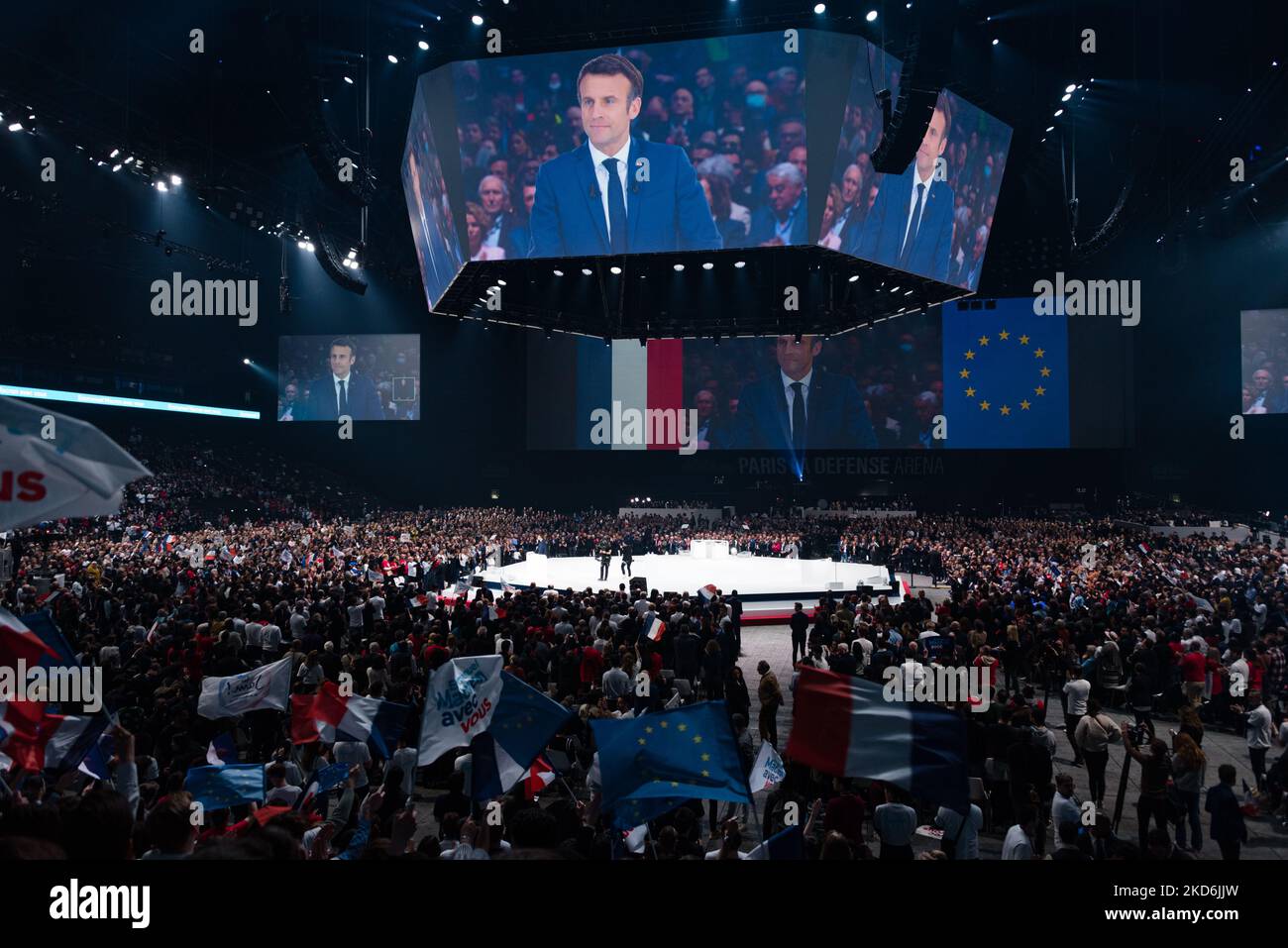 Wide-angle view of French president and candidate for his own re-election from the liberal party La République en Marche (LREM), Emmanuel Macron, speaks at his first campaign rally held at the U Arena in Paris La Défense in front of several thousand supporters and members of his government, in Nanterre, a suburb of Paris, April 2, 2022. (Photo by Samuel Boivin/NurPhoto) Stock Photo