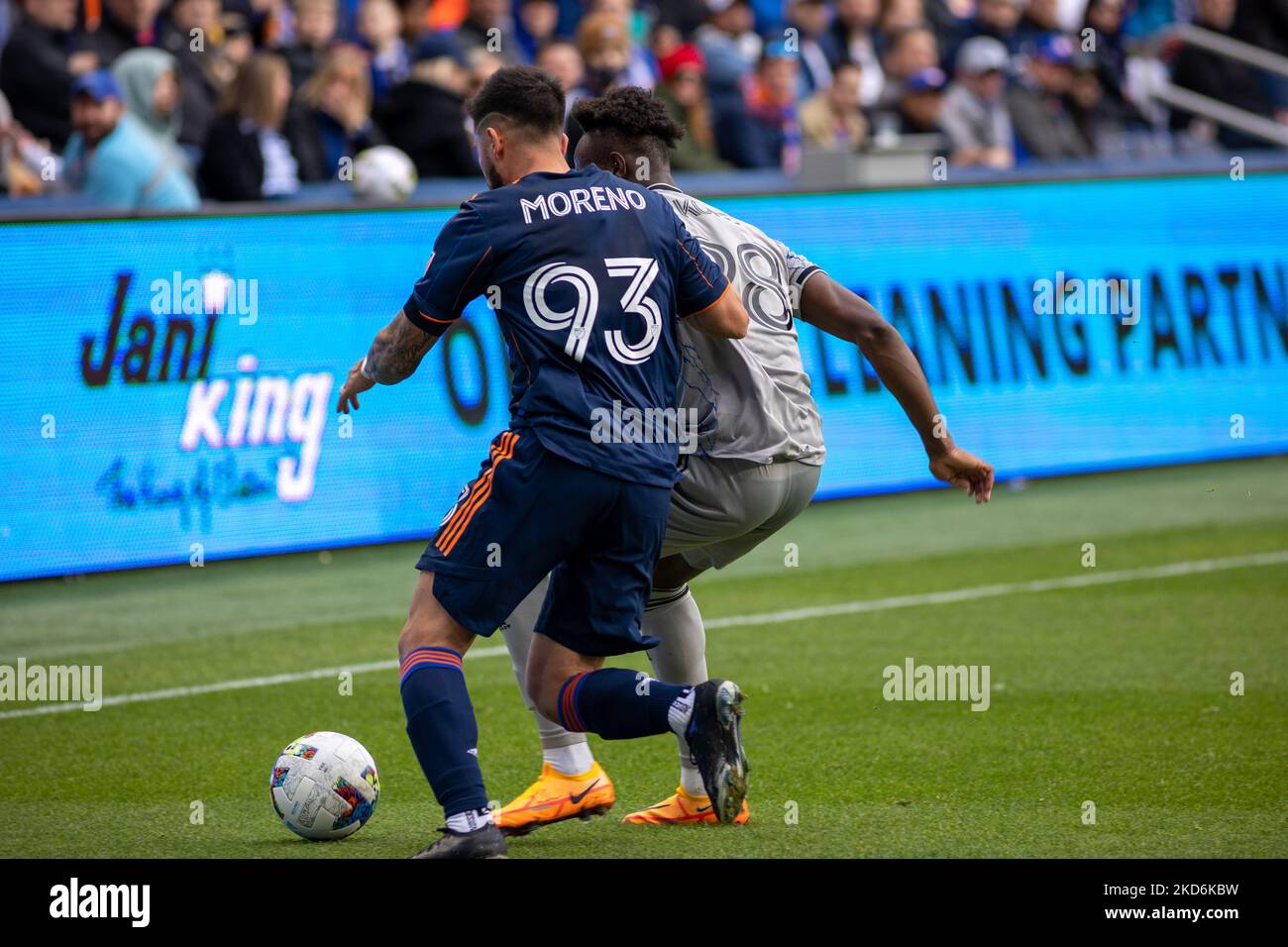 FC Cincinnati midfielder Junior Moreno and CF Montreal midfielder Ismal Kone compete for the ball during a Major League Soccer match between FC Cincinnati and CF Montréal at TQL Stadium in Cincinnati, Ohio. Saturday, April 2, 2022. Montreal defeated Cincinnati 4-3. (Photo by Jason Whitman/NurPhoto) Stock Photo