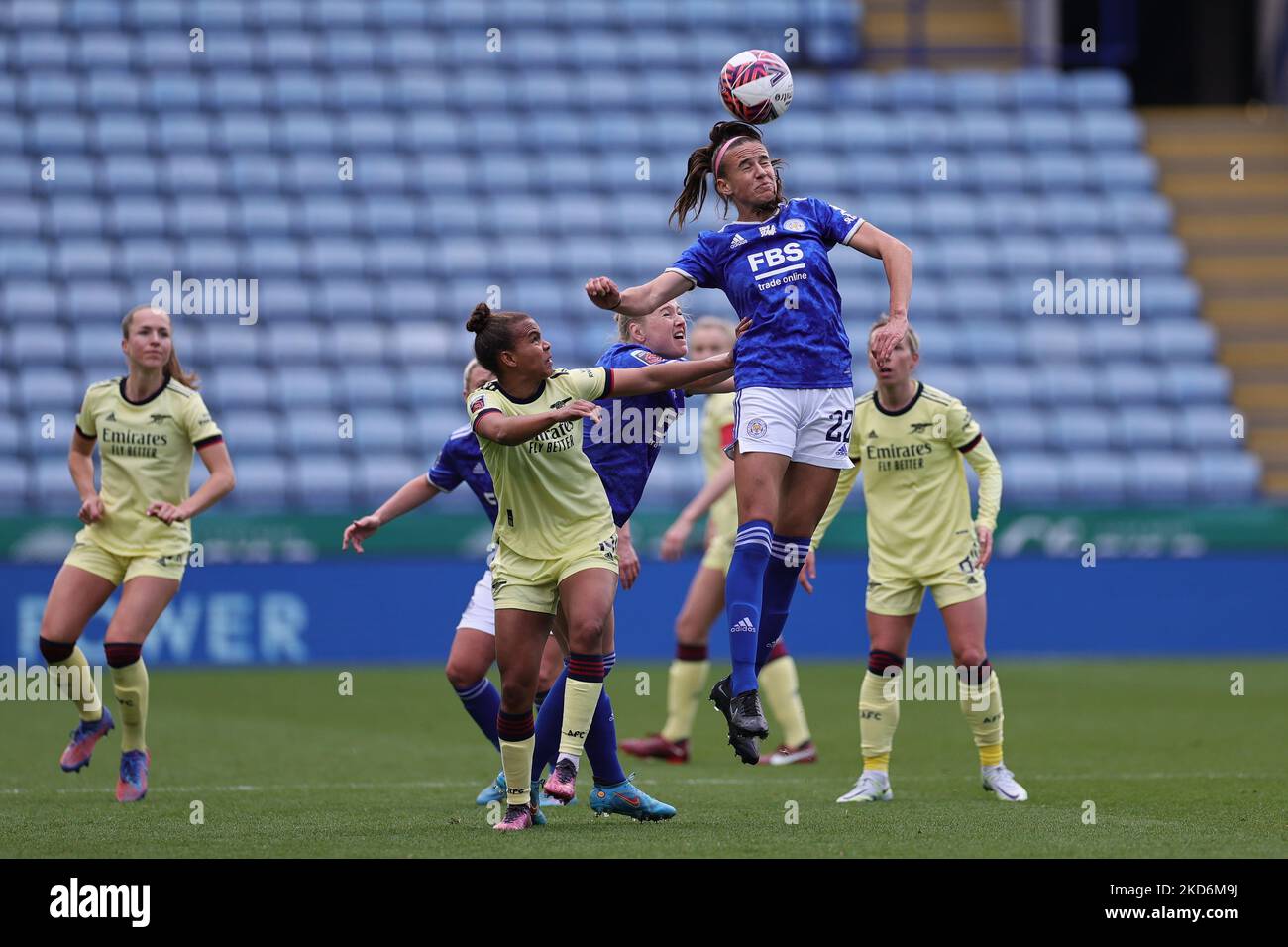Ashleigh Plumptre of Leicester City heads the ball during the Barclays FA Women's Super League match between Leicester City Women and Arsenal WFC at the King Power Stadium, Leicester on Sunday 3rd April 2022. (Photo by James Holyoak/MI News/NurPhoto) Stock Photo