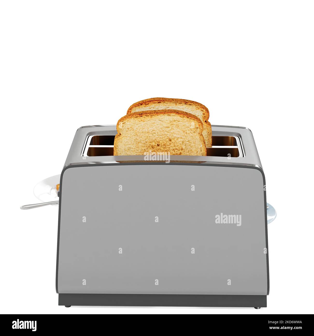 A 3D render of a silver gray toaster with toast bread sticking out ...