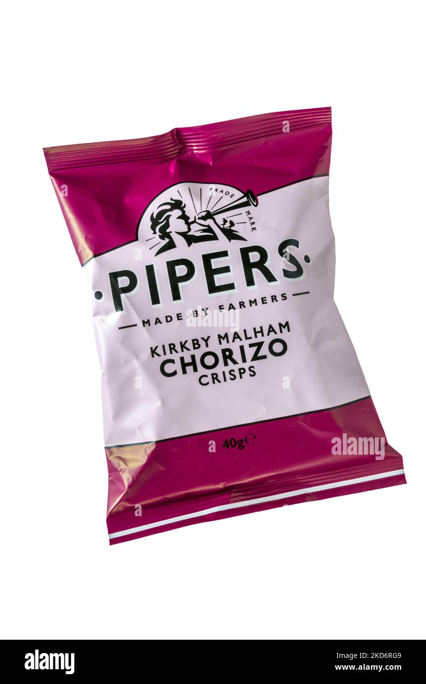 A packet of Kirkby Malham Chorizo flavoured potato crisps. Stock Photo
