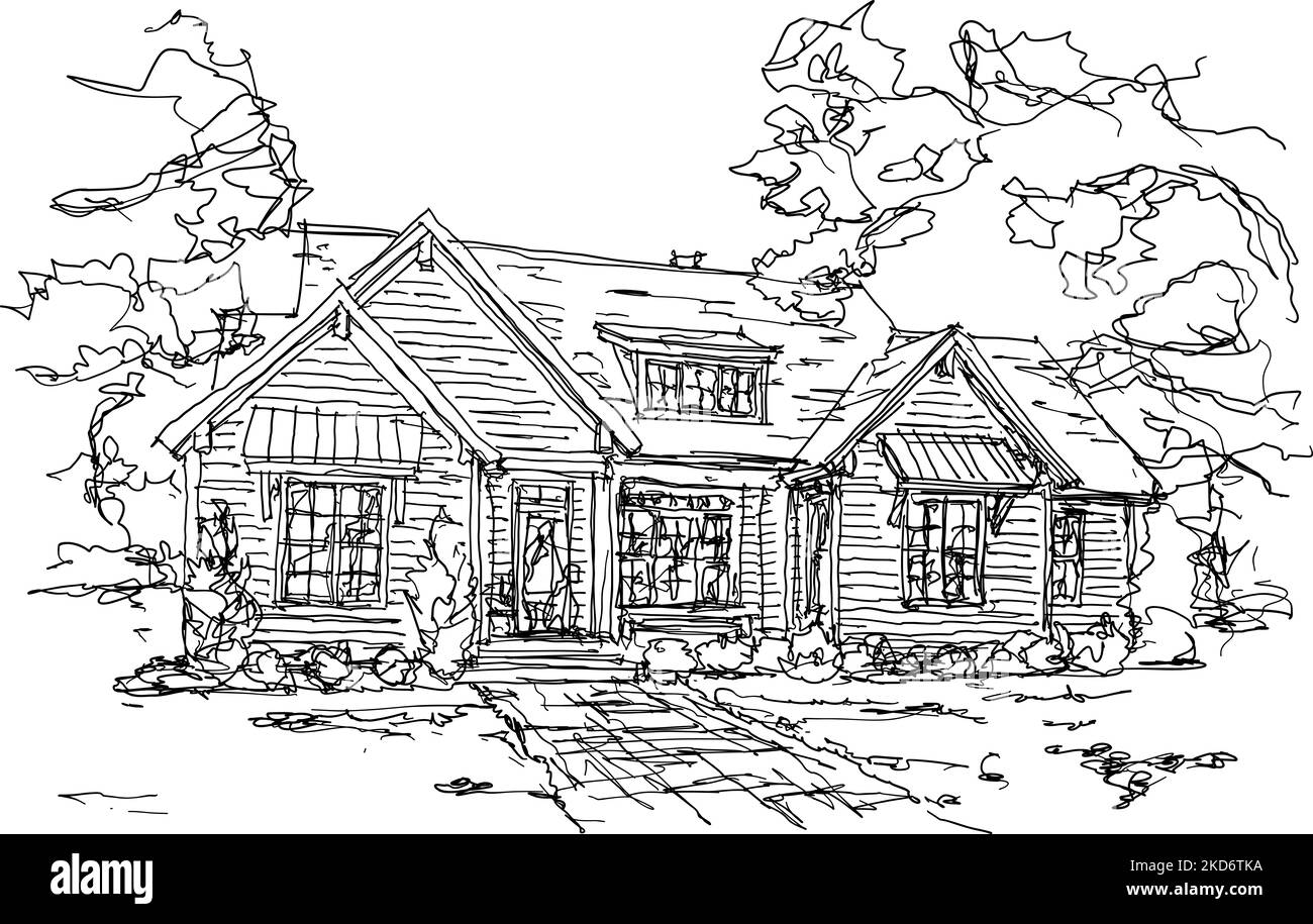 hand drawn architectural sketch of beautiful classic detached village house with garden  and trees Stock Photo
