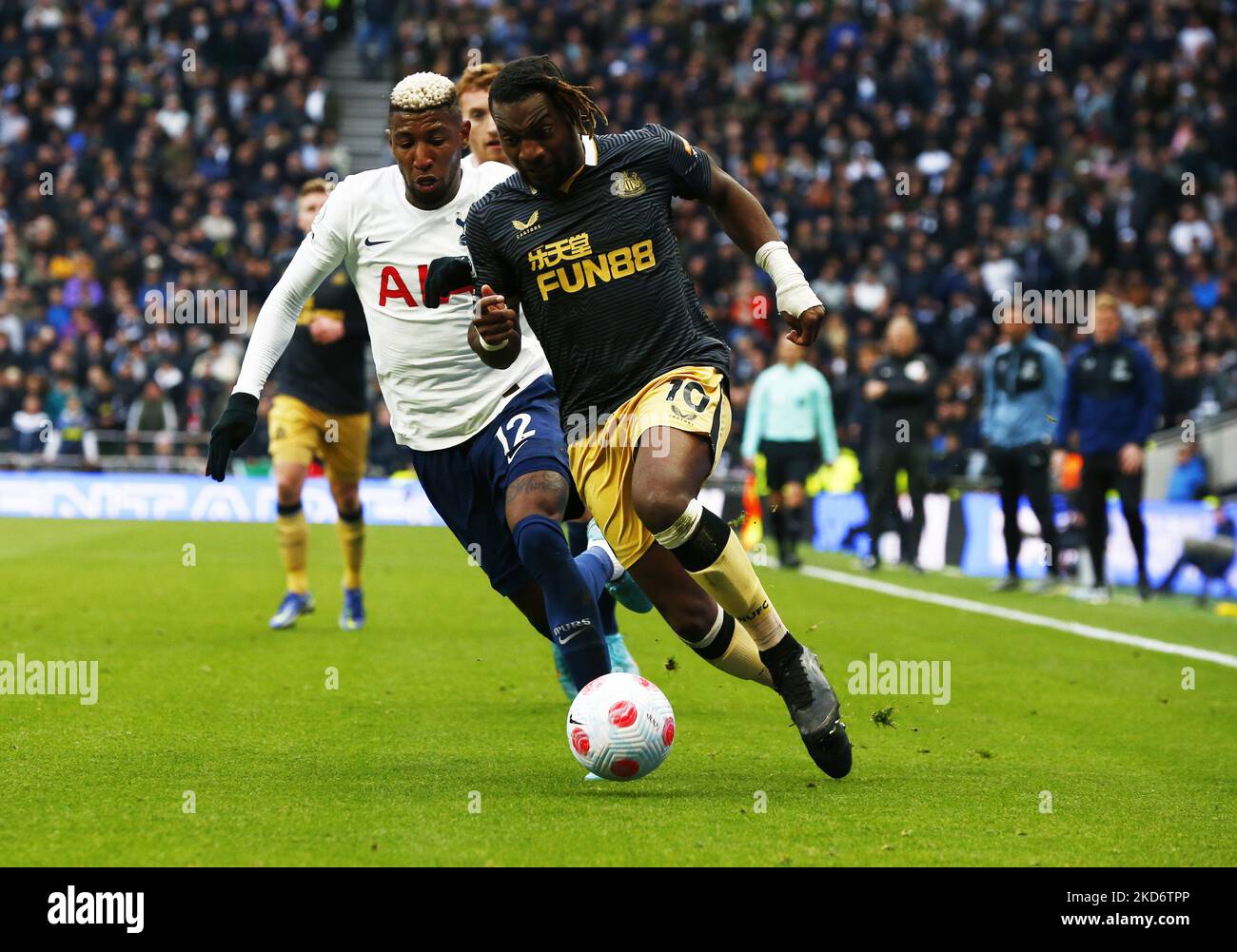 Newcastle United's Allan Saint-Maximin takes on Tottenham Hotspur's Emerson Royal during Premier League between Tottenham Hotspur and Newcastle United at Tottenham Hotspur stadium , London, England on 03rd April 2022 (Photo by Action Foto Sport/NurPhoto) Stock Photo