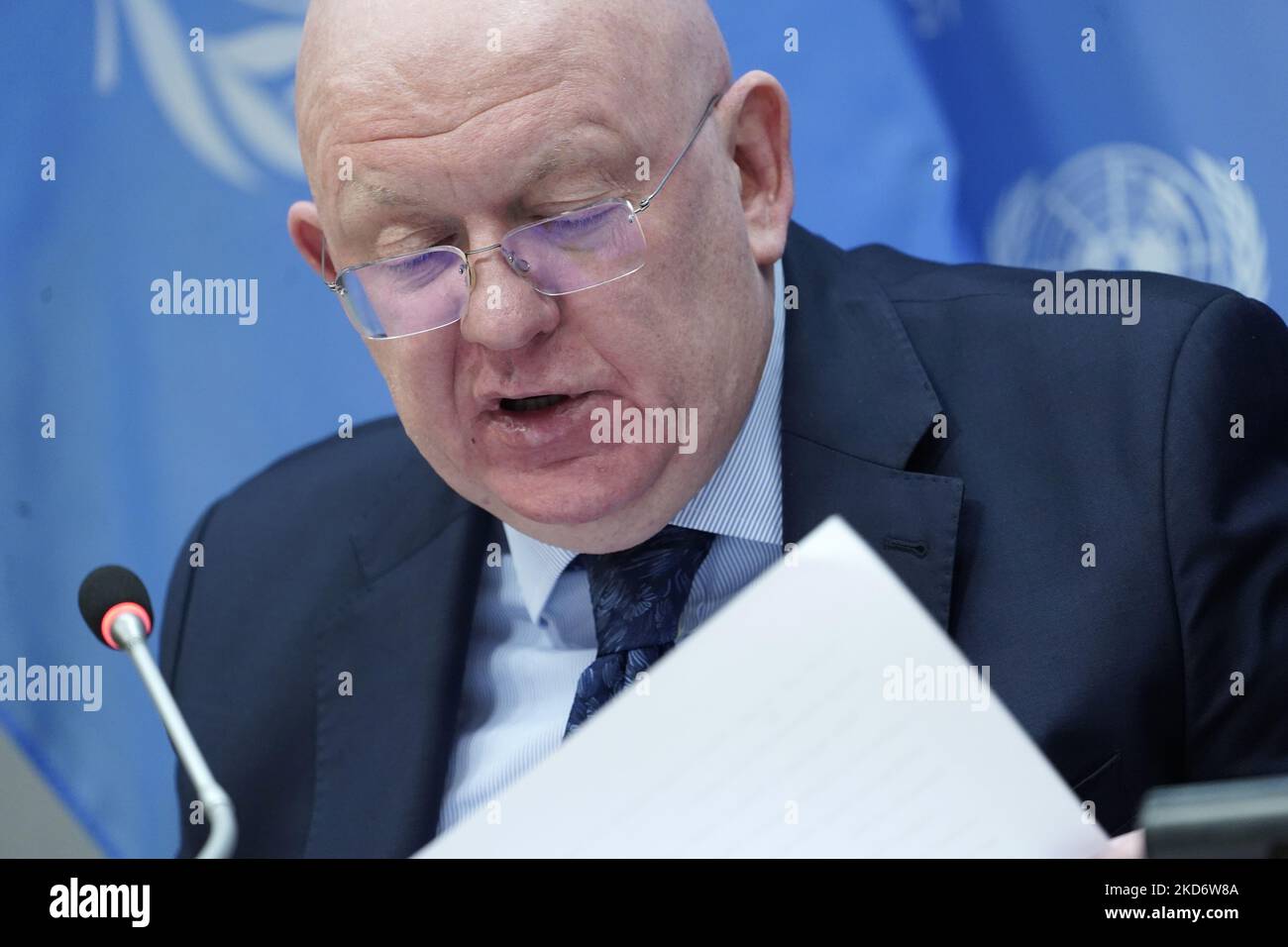 Ambassador Vassily Nebenzia, permanent representative of the Russian Federation to the United Nations speaks to the media at the United Nations Headquarters regarding supposed humanitarian atrocities perpetrated by the Russian military against the Ukrainian civilians, on April 4, 2022, in New York City, USA. As the Russian military continues to regroup and retreat form the northern region of Ukraine, outrage begins to sweep across many parts of the world when a mass grave was discovered with hundredths of bodies in Bucha. The Russian Federation denies the charges citing that certain events wer Stock Photo