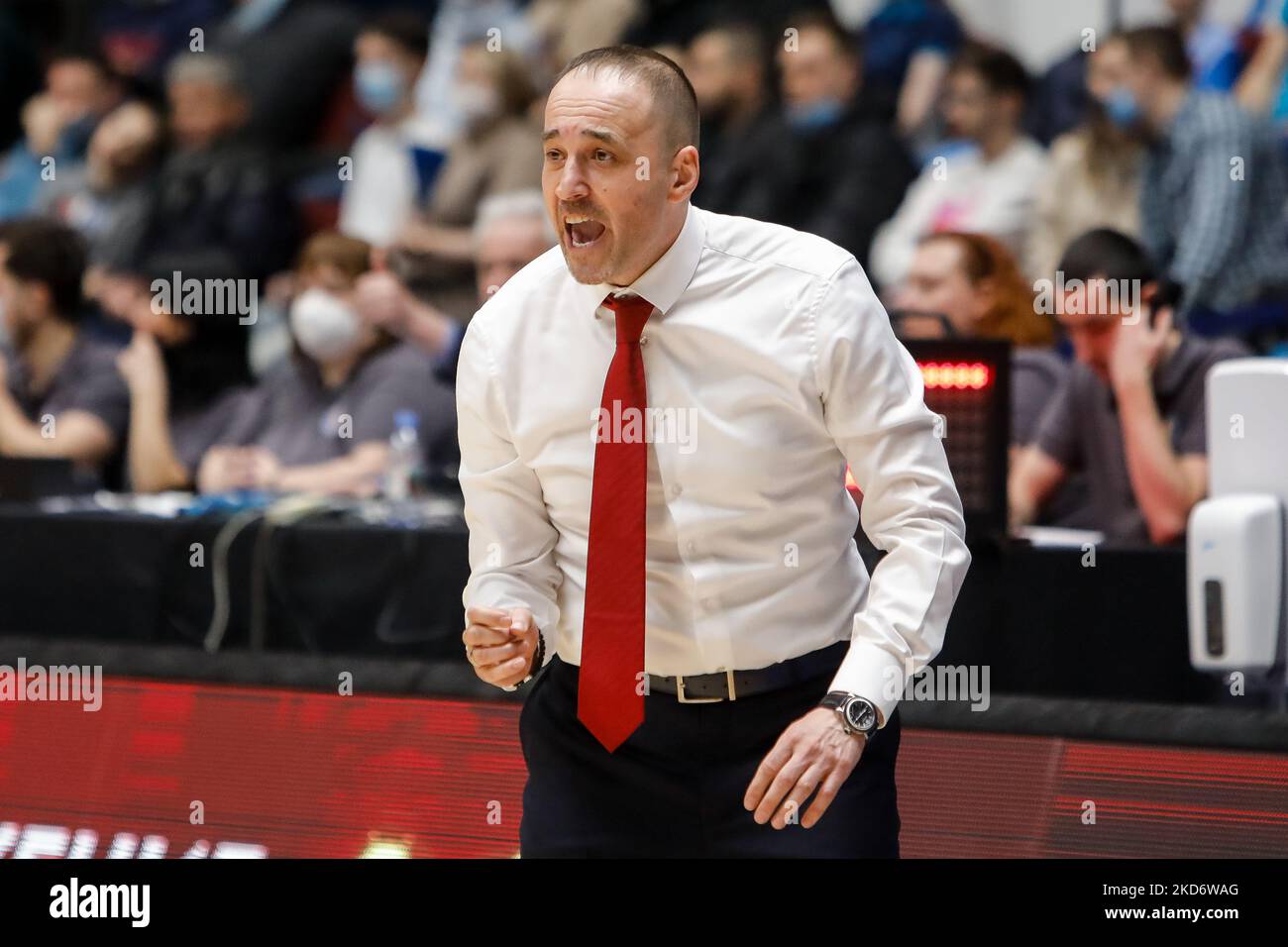 Lokomotiv-Kuban head coach Branko Maksimovic during the VTB United League basketball match between Zenit St. Petersburg and Lokomotiv-Kuban Krasnodar on April 4, 2022 at Sibur Arena in Saint Petersburg, Russia. (Photo by Mike Kireev/NurPhoto) Stock Photo