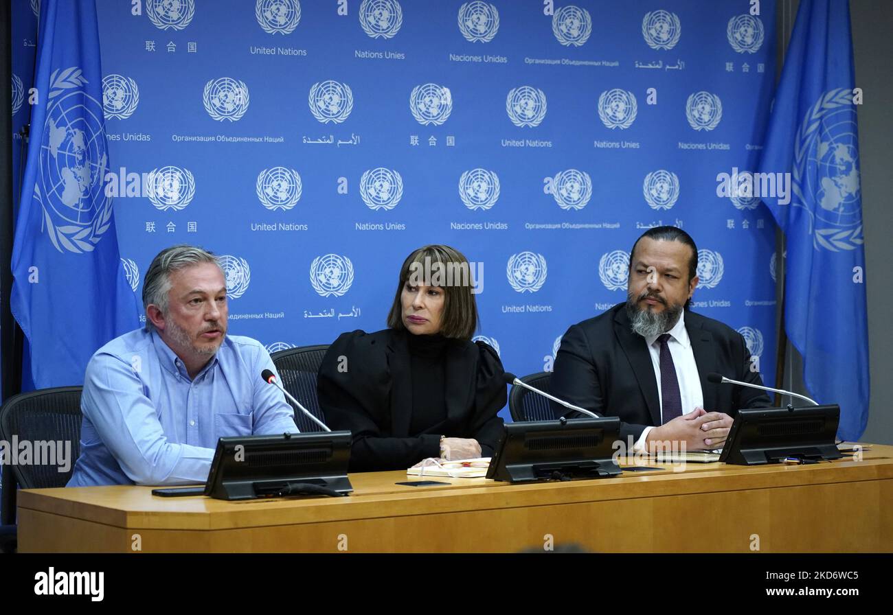 Photogrpaher Giles Duley, Permanent Ambassador of Colombia to the United Nations and other International Organizations in Geneva, Alicia Victoria Arango Olmos and Director of International Campaign to Ban Landmines speak during the International Day for Mine Awareness and Assistance in Mine Action press conference at the United Nations Headquarters on April 4,2022 in New York City, USA. The conference participants discussed international laws, including international humanitarian law, and the Ottawa Convention also know as the Mine Ban Treaty, which ban of the use and transfer of industrial an Stock Photo