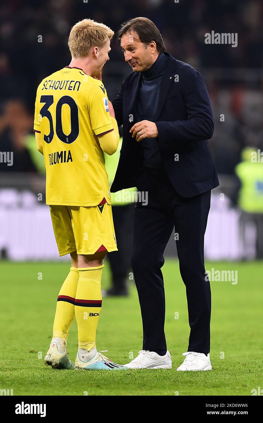 Jerdy Schouten of Bologna F.C. and Coach Miroslav Tanjga of Bologna F.C. at the end the Italian Serie A soccer match between A.C. Milan vs Bologna F.C. at the San Siro Stadium in Milan, Italy on 4 April 2022. (Photo by Michele Maraviglia/NurPhoto) Stock Photo