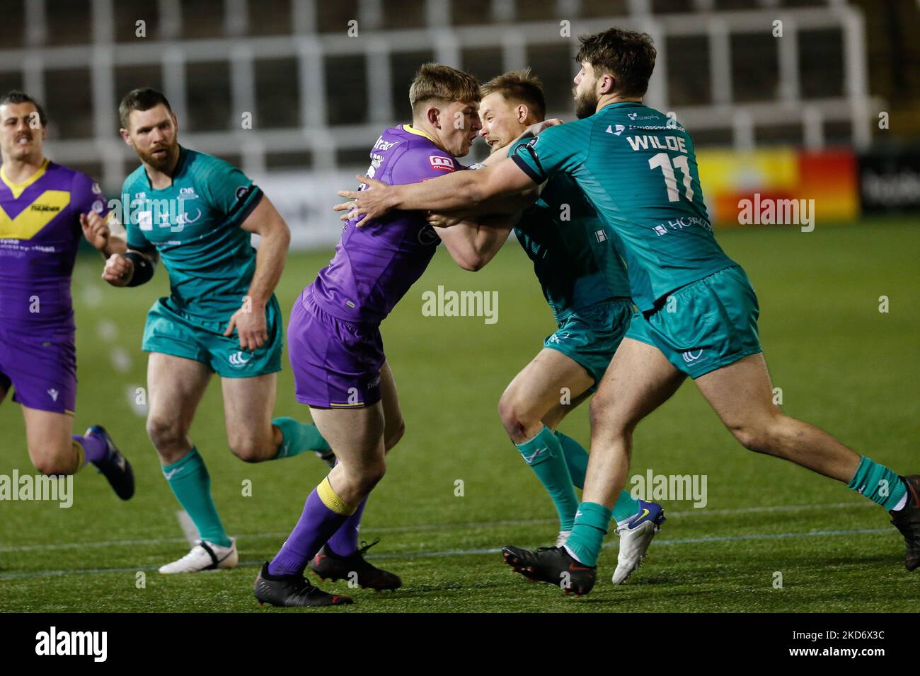 Matty Nicholson of Newcastle Thunder is tackled during the BETFRED Championship match between Newcastle Thunder and Widnes Vikings at Kingston Park, Newcastle on Monday 4th April 2022. (Photo by Chris Lishman/MI News/NurPhoto) Stock Photo