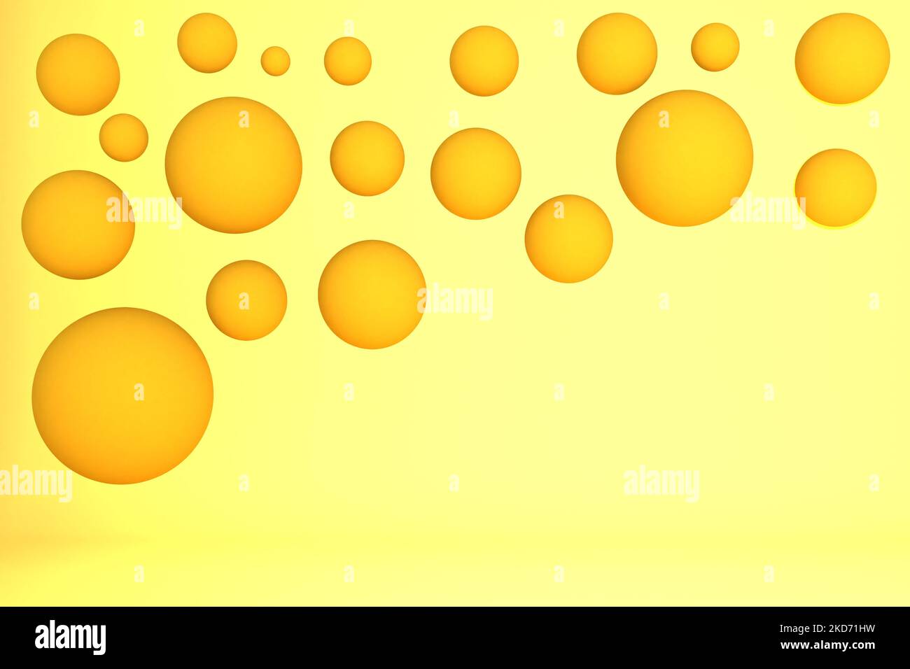 3d rendering various golden spheres on a yellow background, 3d ...