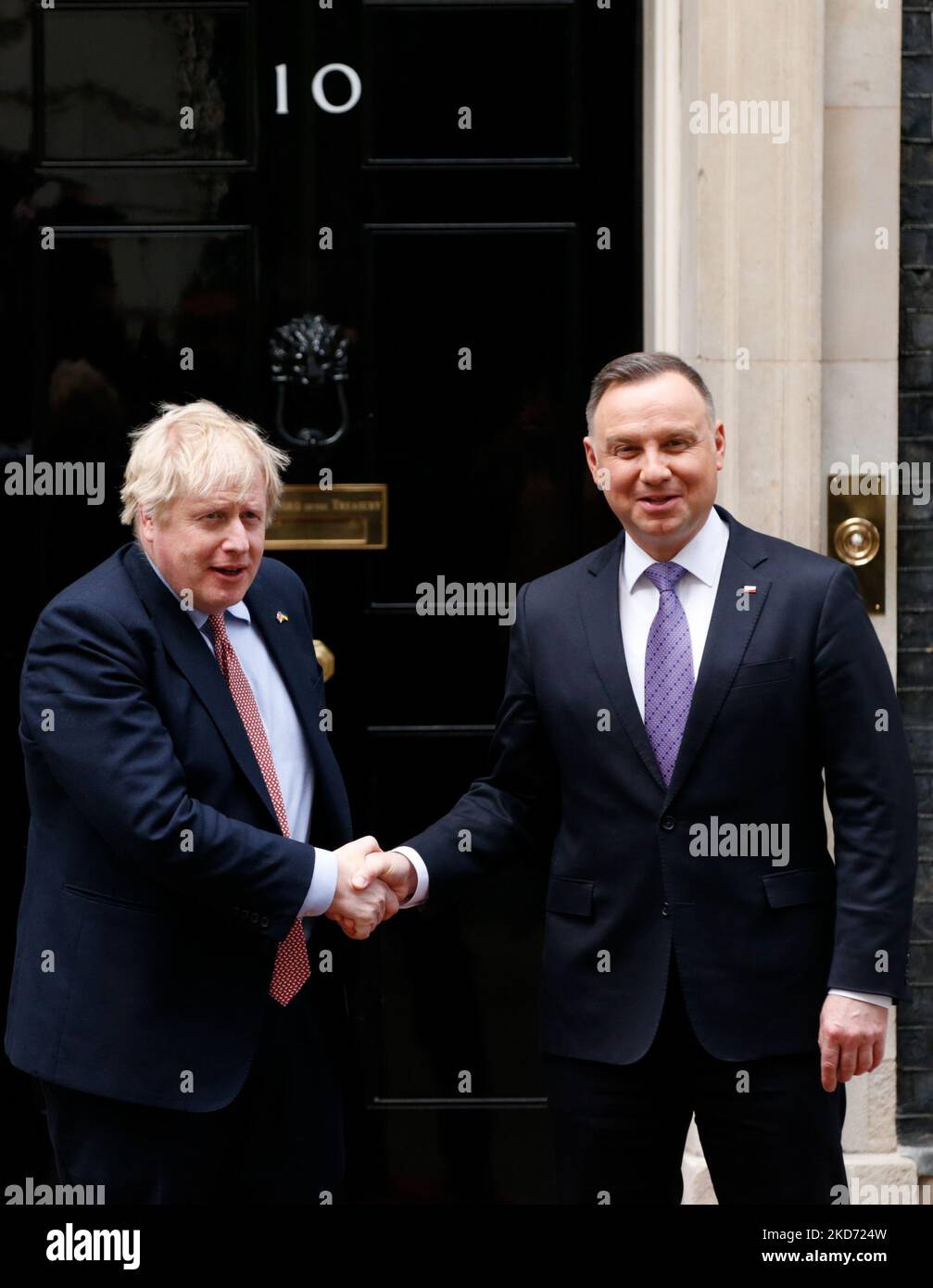British Prime Minister Boris Johnson (left) greets Polish President Andrzej Duda (right) outside 10 Downing Street in London, England, on April 7, 2022. (Photo by David Cliff/NurPhoto) Stock Photo