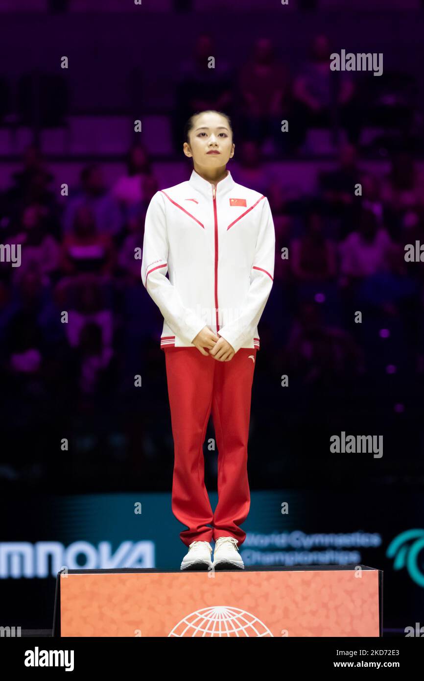 Liverpool, UK. 05th Nov, 2022. Liverpool, England, November 5th 2022 Xiaoyuan Wei (CHN) (Gold) during the Medal Ceremony of the Uneven Bars Apparatus Finals at the FIG World Gymnastics Championships at the M&S Bank Arena in Liverpool, England Dan O' Connor (Dan O' Connor/SPP) Credit: SPP Sport Press Photo. /Alamy Live News Stock Photo