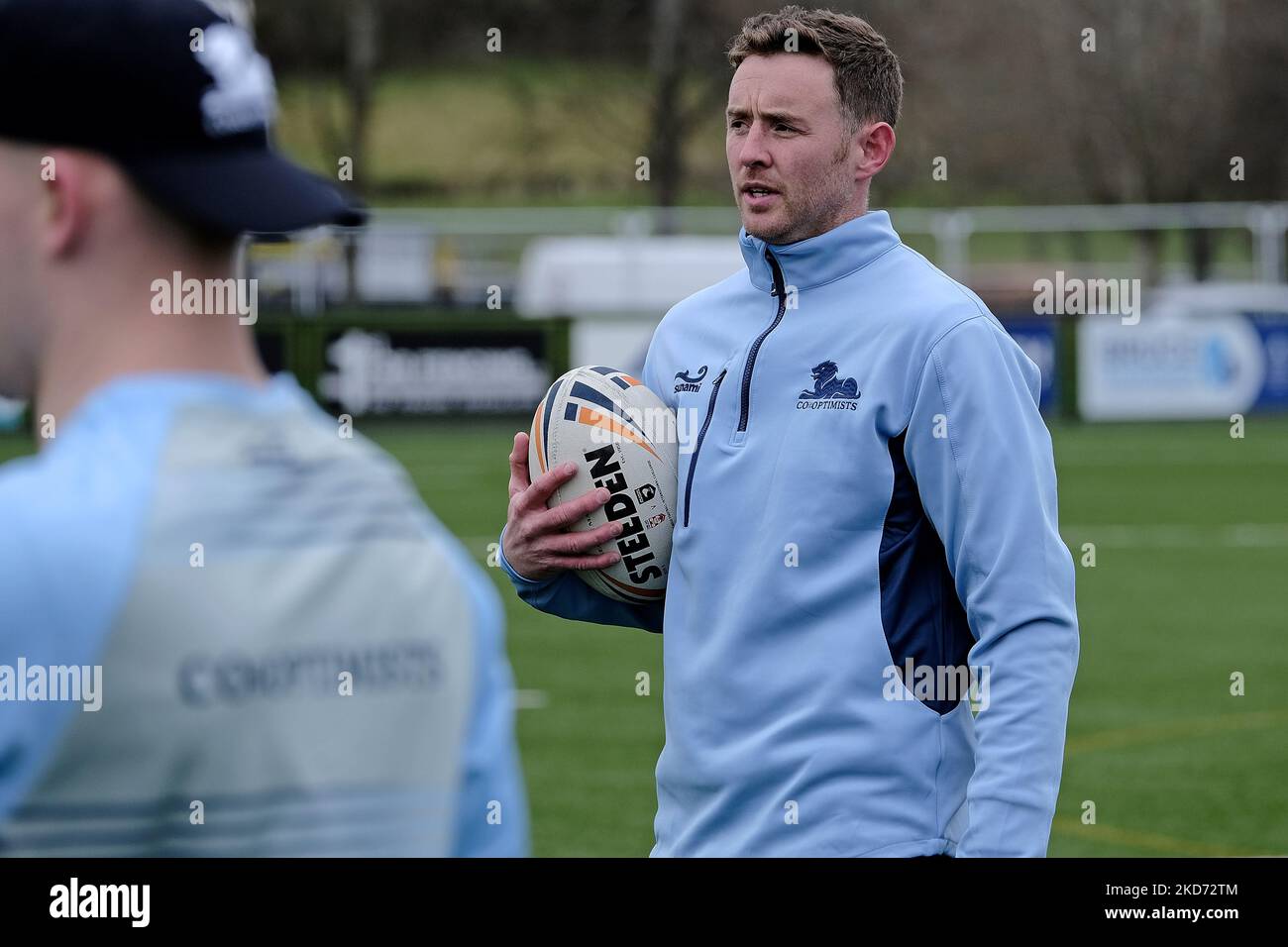 Scott Wight coaches members of the Co-Optimists squad during a training session in front of local school pupils on Thursday 07 April 2022 ahead of the Melrose Sevens on Sat 9th April 2022. (Photo by Rob Gray/NurPhoto) Stock Photo