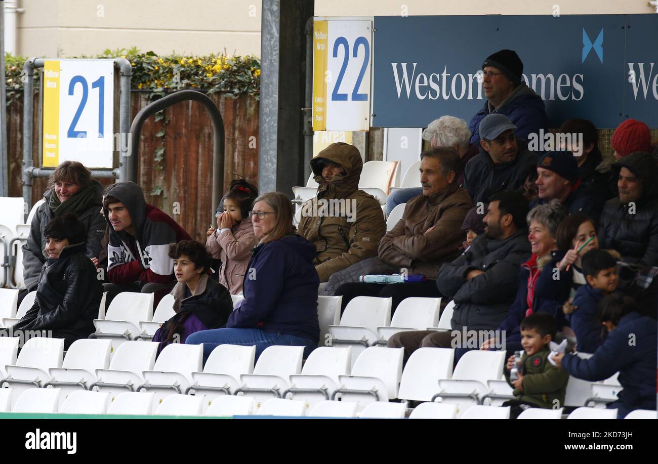 Afghan refugees party of 120 sitting in the Felsted school sponsored stand at Essex CCC day one against Kent during County Championship - Division One (Day 1 of 4) between Essex CCC against Kent CCC at The Cloud County Ground, Chelmsford on 07th April , 2022 (Photo by Action Foto Sport/NurPhoto) Stock Photo