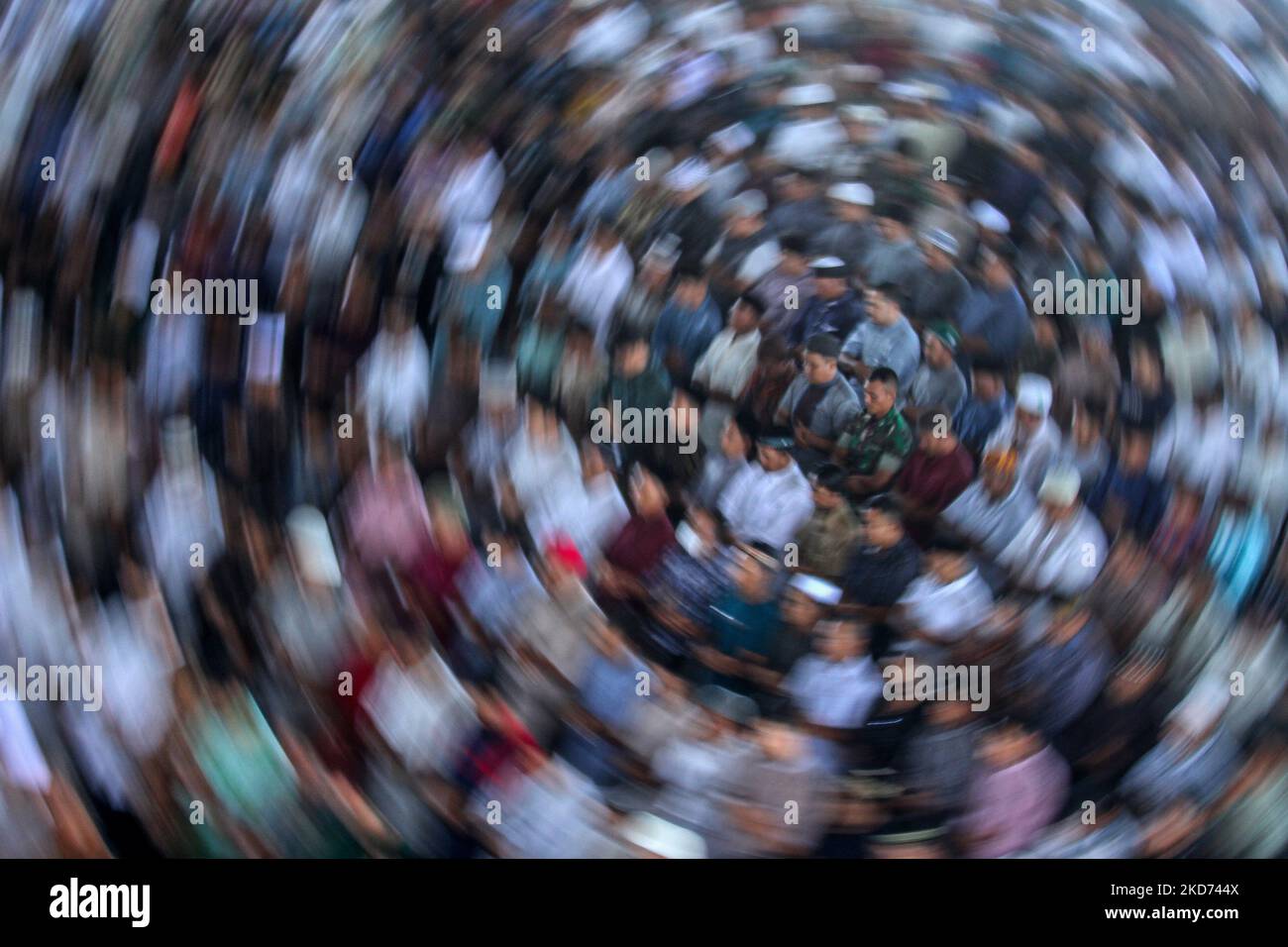 Acehnese men are seen performing the first Friday prayers during the holy month of Ramadan at the Islamic Center Mosque, in Lhokseumawe on April 8, 2022, Aceh Province, Indonesia. (Photo by Fachrul Reza/NurPhoto) Stock Photo