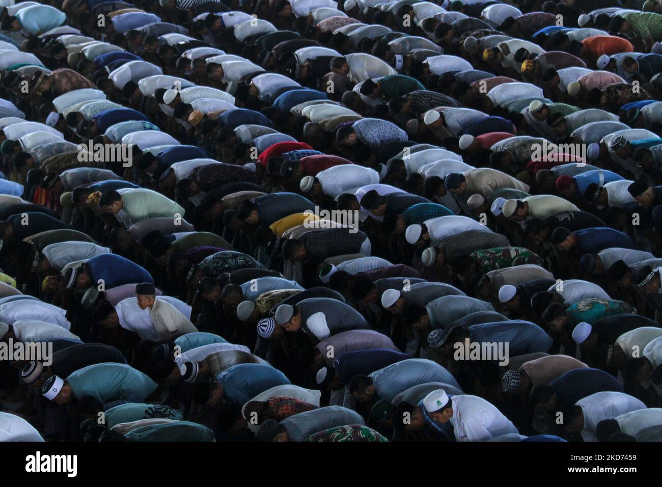 Acehnese men are seen performing the first Friday prayers during the holy month of Ramadan at the Islamic Center Mosque, in Lhokseumawe on April 8, 2022, Aceh Province, Indonesia. (Photo by Fachrul Reza/NurPhoto) Stock Photo