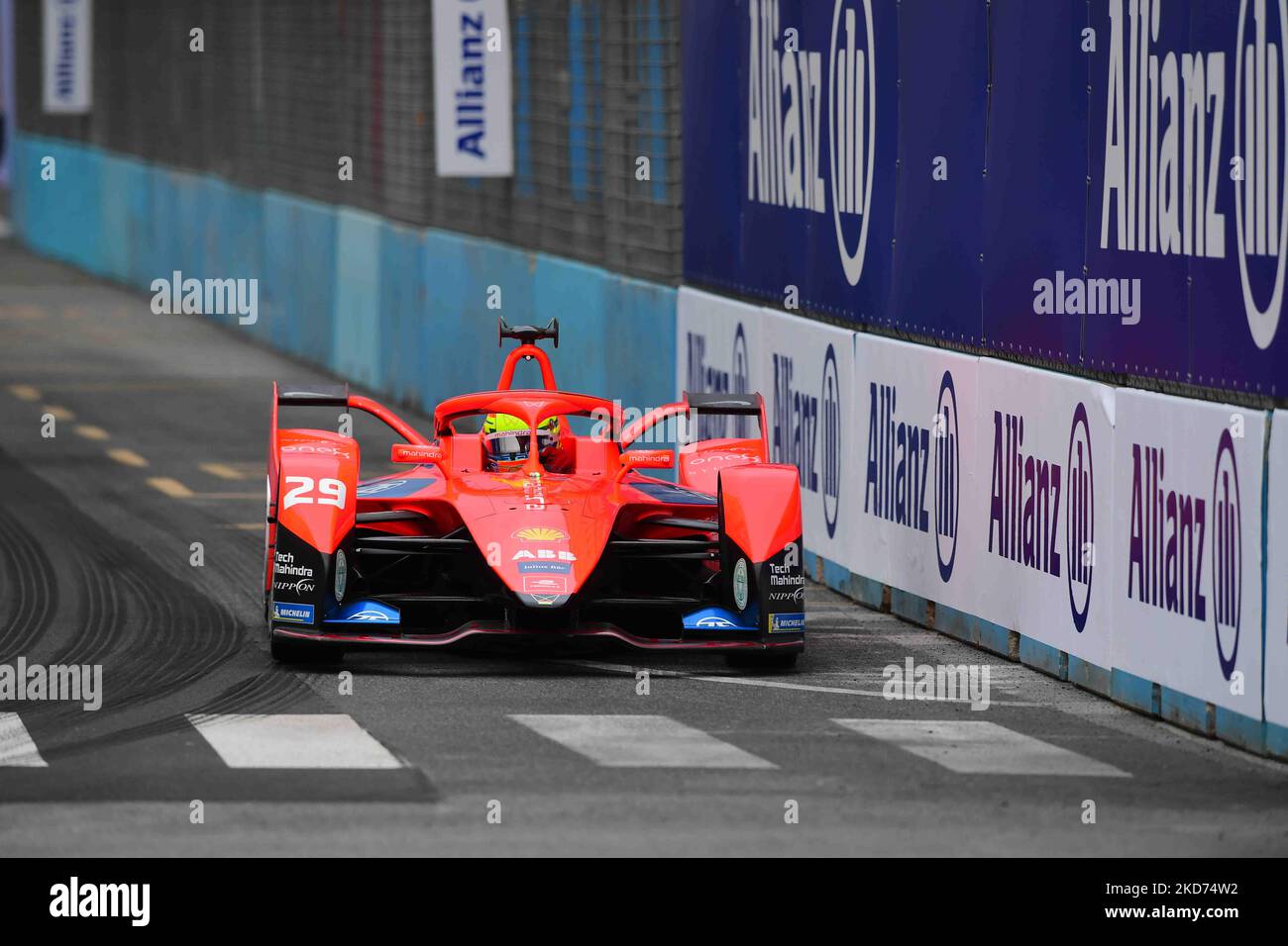 Alexander Sims of Mahindra Racing drive his single-seater during free practice of Rome E-Prix, 3rd round of Formula E World Championship in city circuit of Rome, EUR neighborhood Rome, 9 April 2022 (Photo by Andrea Diodato/NurPhoto) Stock Photo