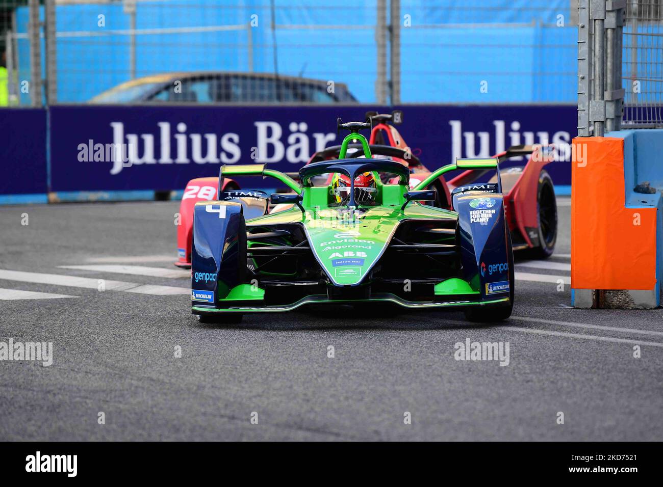 Robin Frijns of Rokit Virgin Racing drive his single-seater during free practice of Rome E-Prix, 3rd round of Formula E World Championship in city circuit of Rome, EUR neighborhood Rome, 9 April 2022 (Photo by Andrea Diodato/NurPhoto) Stock Photo