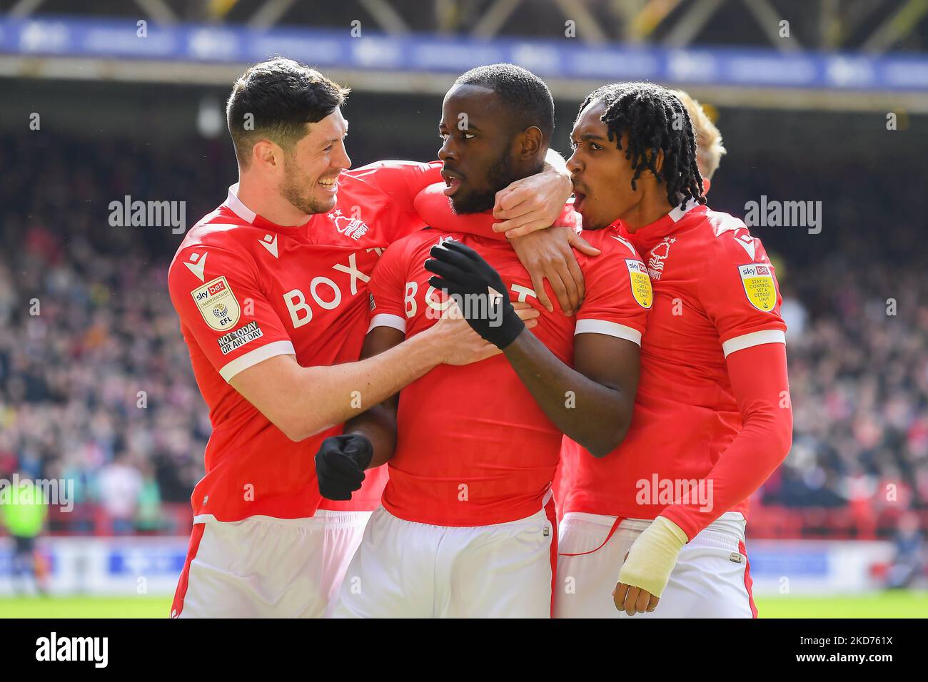 Keinan Davis of Nottingham Forest celebrates with Scott McKenna of Nottingham Forest and Djed Spence of Nottingham Forest after scoring a goal to make it 1-0 during the Sky Bet Championship match between Nottingham Forest and Birmingham City at the City Ground, Nottingham on Saturday 9th April 2022. (Photo by Jon Hobley/MI News/NurPhoto) Stock Photo