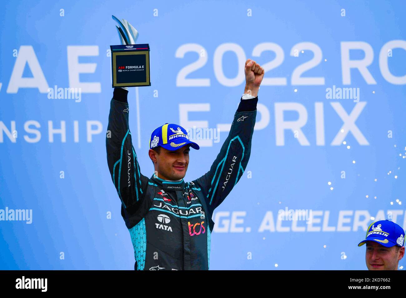 Mitch Evans of Jaguar tcs Racing on podium during celebration of Rome E-Prix, 4th round of Formula E World Championship in city circuit of Rome, EUR neighborhood Rome, 9 April 2022 (Photo by Andrea Diodato/NurPhoto) Stock Photo