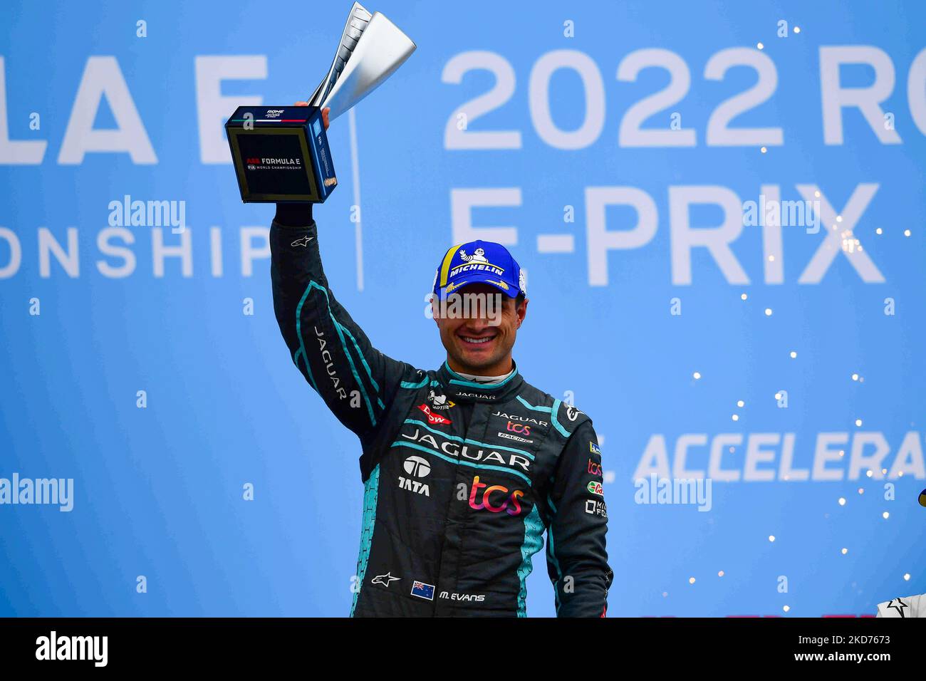 Mitch Evans of Jaguar tcs Racing on podium during celebration of Rome E-Prix, 4th round of Formula E World Championship in city circuit of Rome, EUR neighborhood Rome, 9 April 2022 (Photo by Andrea Diodato/NurPhoto) Stock Photo