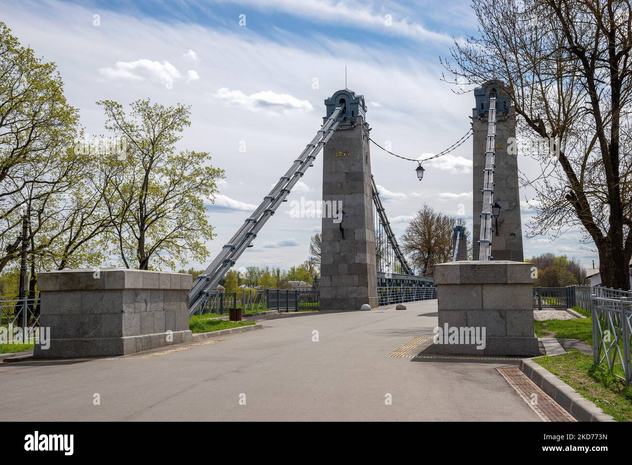 Fragment of an old suspension bridge over the Velikaya River. The city of Ostrov, Pskov region. Russia Stock Photo