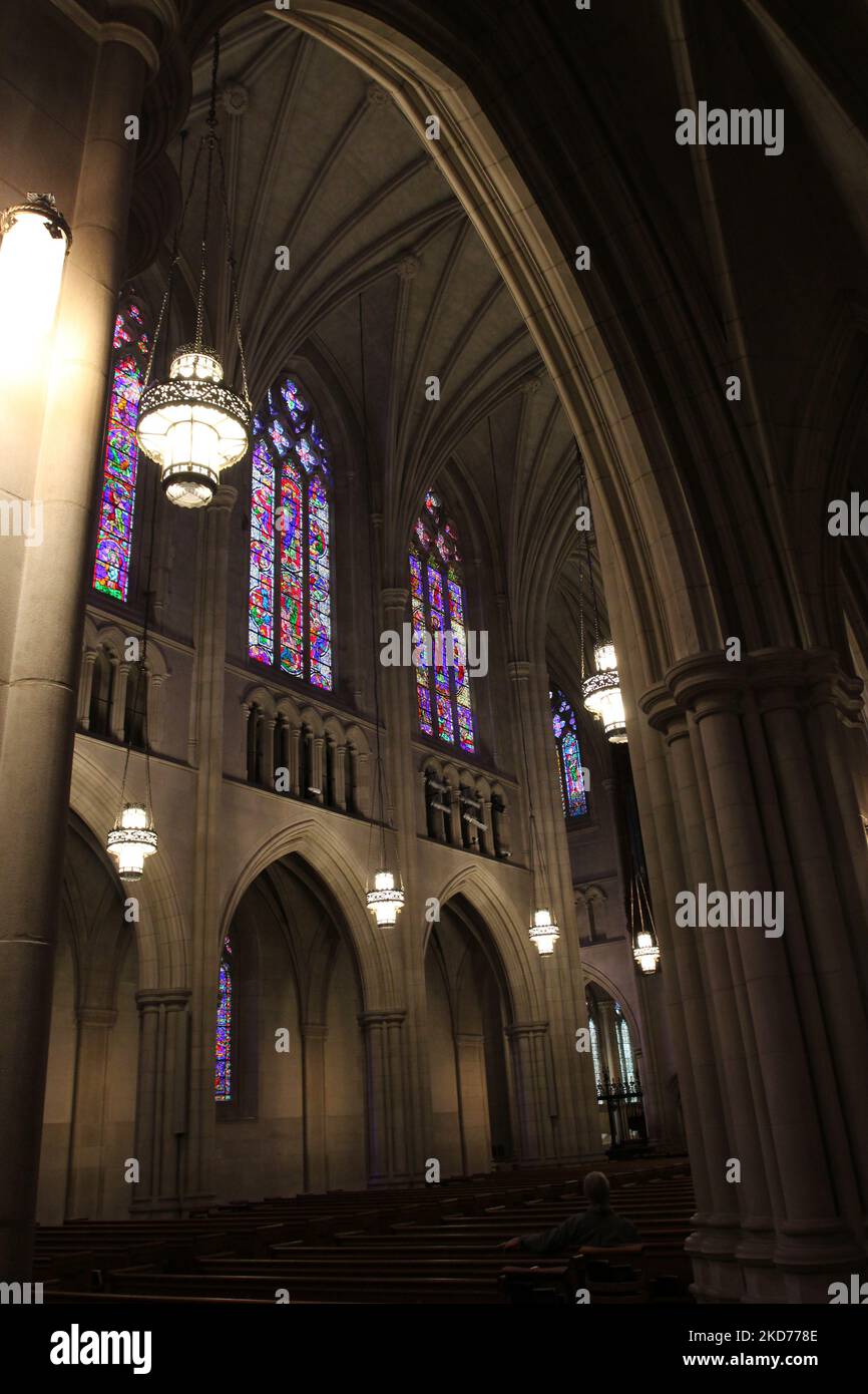 The dimly lit interior of the side of the Duke University Chapel with