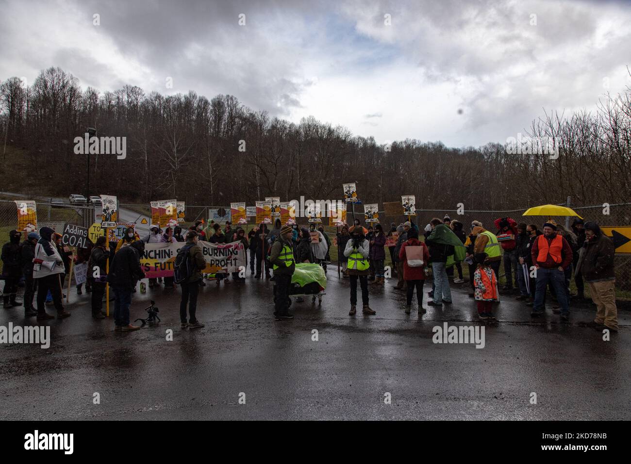 Climate activists gather to block the entrance to the Grant Town Power