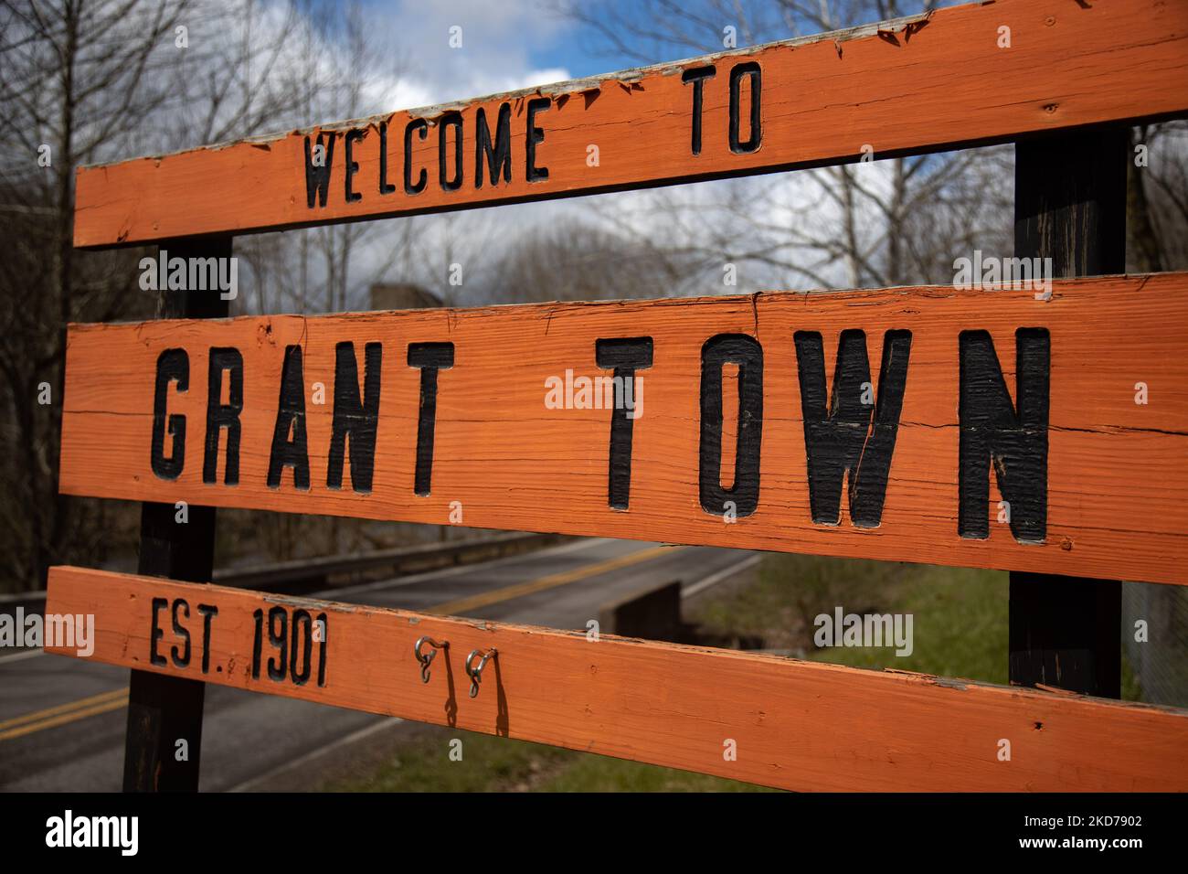 The sign for Grant Town, West Virginia is seen as climate activists
