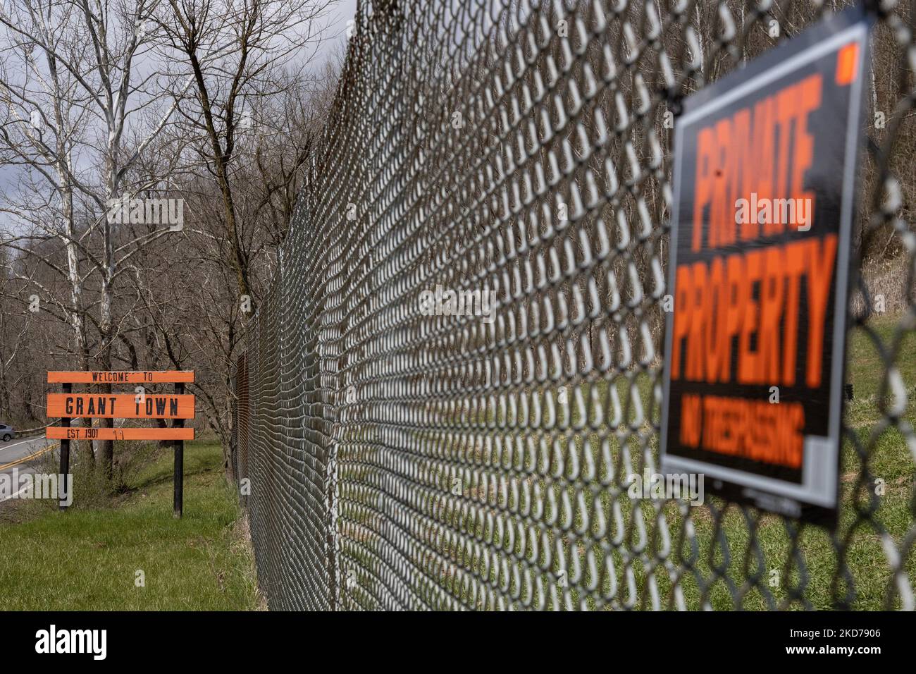 The sign for Grant Town, West Virginia is seen as climate activists