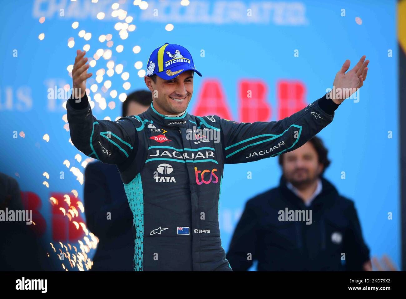Mitch Evans of Jaguar tcs Racing celebrating during podium ceremony of Day 2 Rome E-Prix, 5th round of Formula E World Championship in city circuit of Rome, EUR neighborhood Rome, 10 April 2022 (Photo by Andrea Diodato/NurPhoto) Stock Photo