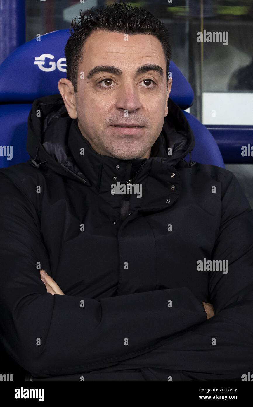 FC Barcelona's manager Xavi Hernandez before la Liga match between Levante UD and FC Barcelona at Ciutat de Valencia Stadium on April 10, 2022. (Photo by Jose Miguel Fernandez/NurPhoto) Stock Photo