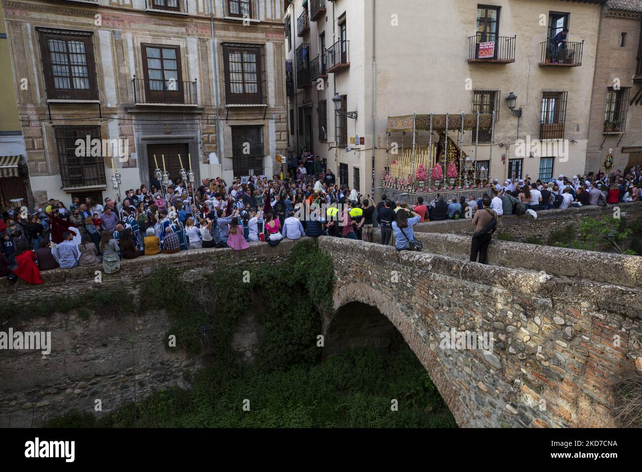 The image of Maria Santsima de las Maravillas is seen during the Palm Sunday in Granada, Spain, on April 11, 2022. Holy Week returns to Spain with the traditional processions in the streets after two years interrupted due to the coronavirus pandemic. (Photo by Ãlex CÃ¡mara/NurPhoto) Stock Photo