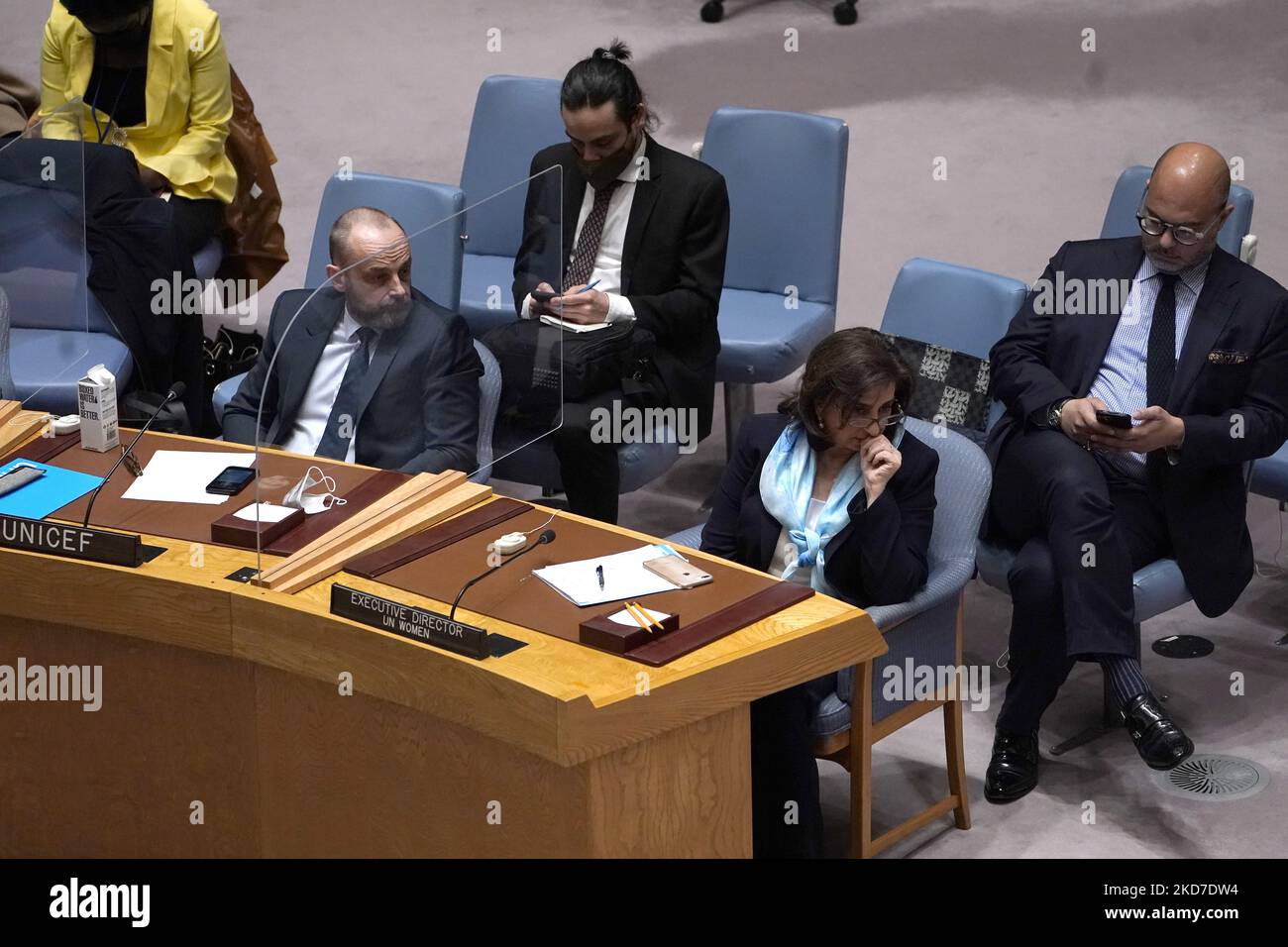 Manuel Fontaine, Director of Emergency Programmes at UNICEF and UN executive director on women Sima Sami Bahous listen as members of the UN Security Council discuss measures to maintain the security and peace in Ukraine at the United Nations Headquarters, on April 11, 2022 in New York City USA. As evidence of human atrocities continue to surface in the Ukrainian war, the United Nations General Assembly voted recently to “suspended the Russian Federation’s membership in the Human Rights Council.” (Photo by John Lamparski/NurPhoto) Stock Photo