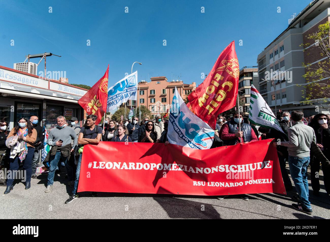 Striking workers in front of the Lazio Region headquarters of the Leonardo SpA production site on April 12, 2022 in Pomezia, Italy. The workers are protesting at the closure of the production site. Leonardo S.p.A. is an Italian company active in the defence, aerospace and security sectors. Its largest shareholder is the Italian Ministry of Economy and Finance. (Photo by Andrea Ronchini/NurPhoto) Stock Photo