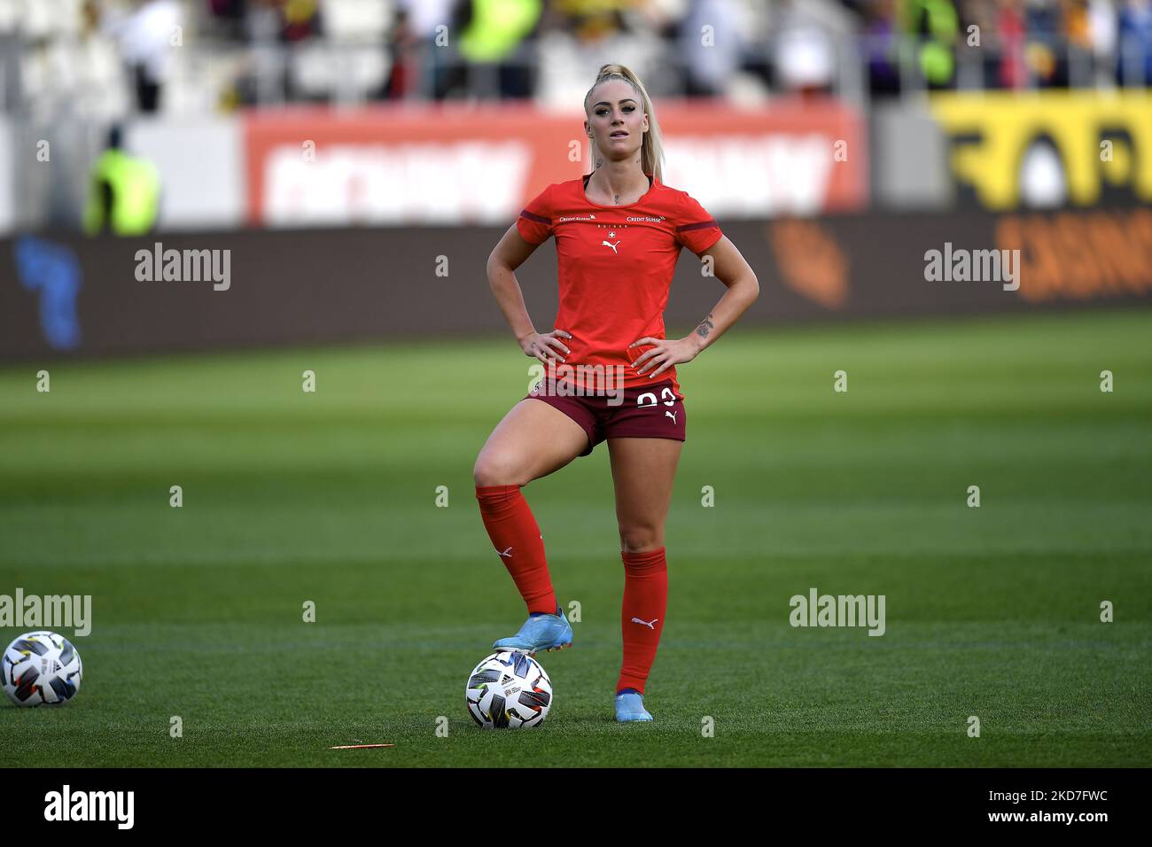 Alisha Lehmann in action during the FIFA Women's World Cup 2023 Qualifier group G match between Romania and Switzerland at Stadionul National de Rugby Arcul de Triumf on April 08, 2022 in Bucharest, Romania. (Photo by Alex Nicodim/NurPhoto) Stock Photo