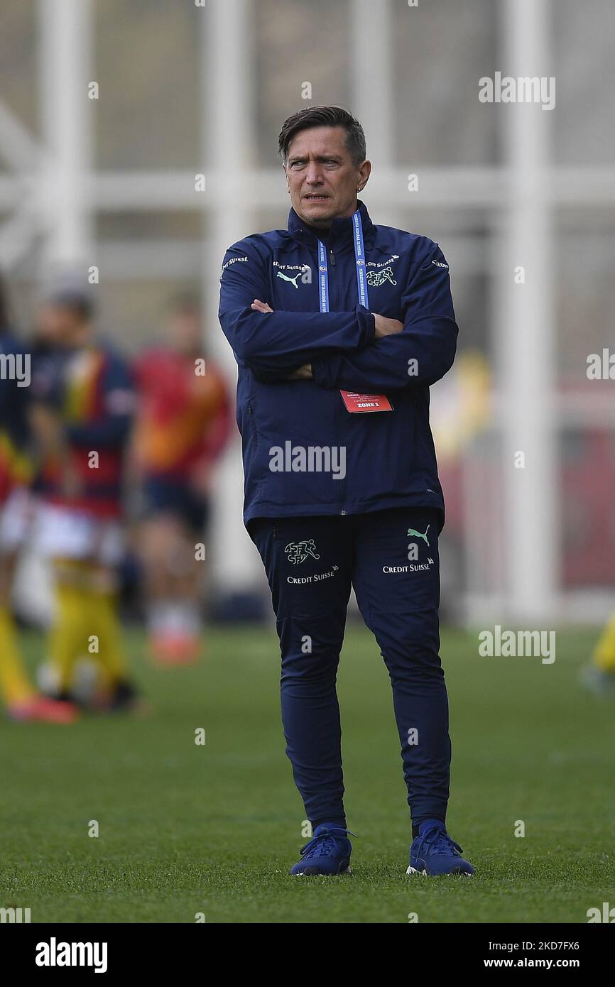 Coach Nils Nielsen in action during the FIFA Women's World Cup 2023 Qualifier group G match between Romania and Switzerland at Stadionul National de Rugby Arcul de Triumf on April 08, 2022 in Bucharest, Romania. (Photo by Alex Nicodim/NurPhoto) Stock Photo