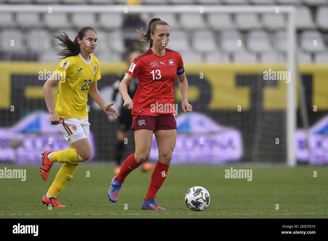Lia Wa?lti and Carmen Marcu in action during the FIFA Women's World Cup 2023 Qualifier group G match between Romania and Switzerland at Stadionul National de Rugby Arcul de Triumf on April 08, 2022 in Bucharest, Romania. (Photo by Alex Nicodim/NurPhoto) Stock Photo