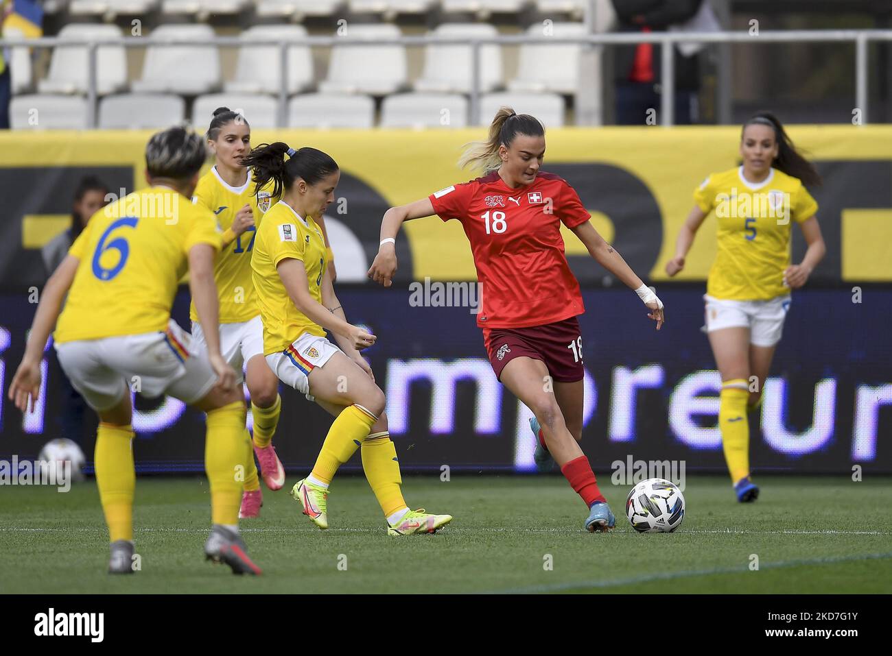 Riola Xhemaili in action during the FIFA Women's World Cup 2023 Qualifier group G match between Romania and Switzerland at Stadionul National de Rugby Arcul de Triumf on April 08, 2022 in Bucharest, Romania. (Photo by Alex Nicodim/NurPhoto) Stock Photo