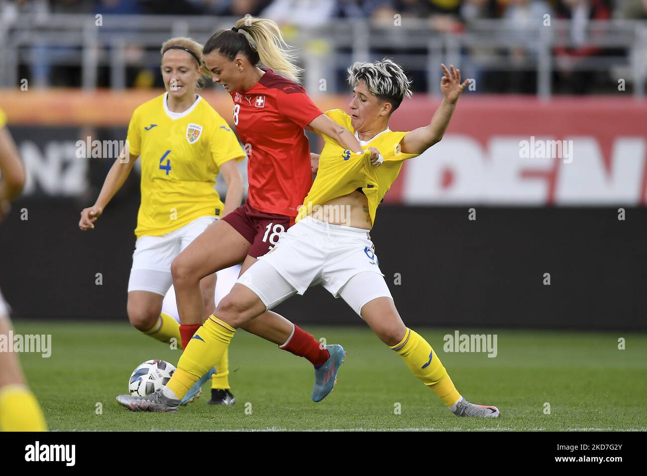 Riola Xhemaili and Maria Ficzay in action during the FIFA Women's World Cup 2023 Qualifier group G match between Romania and Switzerland at Stadionul National de Rugby Arcul de Triumf on April 08, 2022 in Bucharest, Romania. (Photo by Alex Nicodim/NurPhoto) Stock Photo
