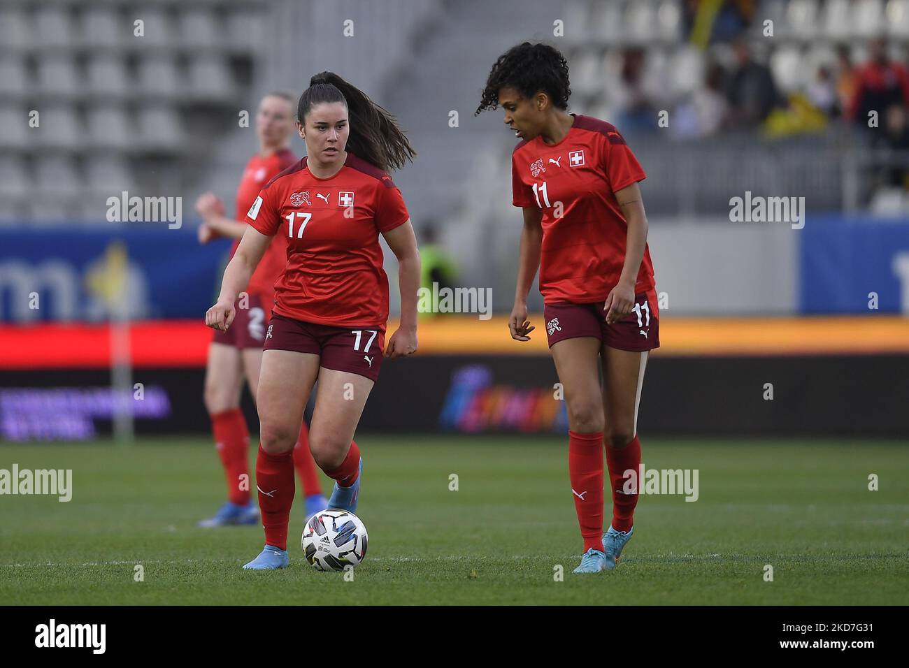 Svenja Folmli in action during the FIFA Women's World Cup 2023 Qualifier group G match between Romania and Switzerland at Stadionul National de Rugby Arcul de Triumf on April 08, 2022 in Bucharest, Romania. (Photo by Alex Nicodim/NurPhoto) Stock Photo
