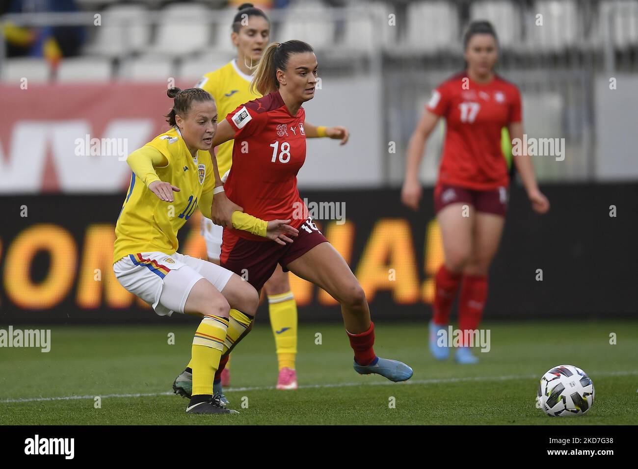 Riola Xhemaili and Mihaela Ciolacu in action during the FIFA Women's World Cup 2023 Qualifier group G match between Romania and Switzerland at Stadionul National de Rugby Arcul de Triumf on April 08, 2022 in Bucharest, Romania. (Photo by Alex Nicodim/NurPhoto) Stock Photo