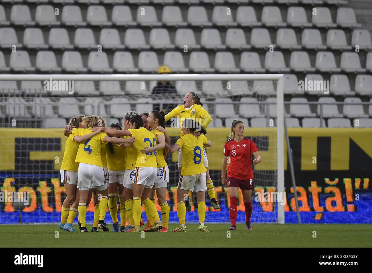 Maria Ficzay celebrates during the FIFA Women's World Cup 2023 Qualifier group G match between Romania and Switzerland at Stadionul National de Rugby Arcul de Triumf on April 08, 2022 in Bucharest, Romania. (Photo by Alex Nicodim/NurPhoto) Stock Photo