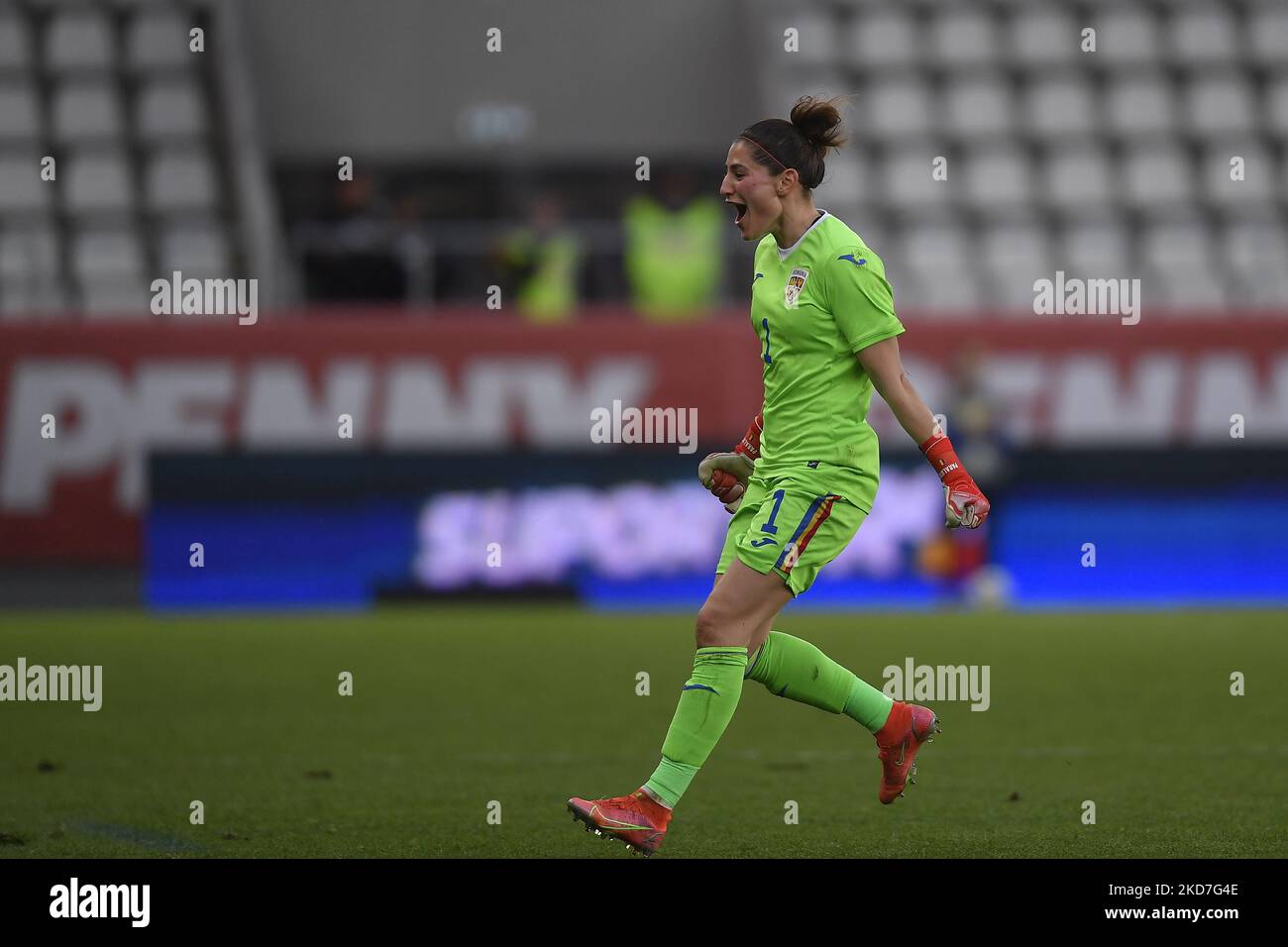 Andrea Paraluta celebrates during the FIFA Women's World Cup 2023 Qualifier group G match between Romania and Switzerland at Stadionul National de Rugby Arcul de Triumf on April 08, 2022 in Bucharest, Romania. (Photo by Alex Nicodim/NurPhoto) Stock Photo