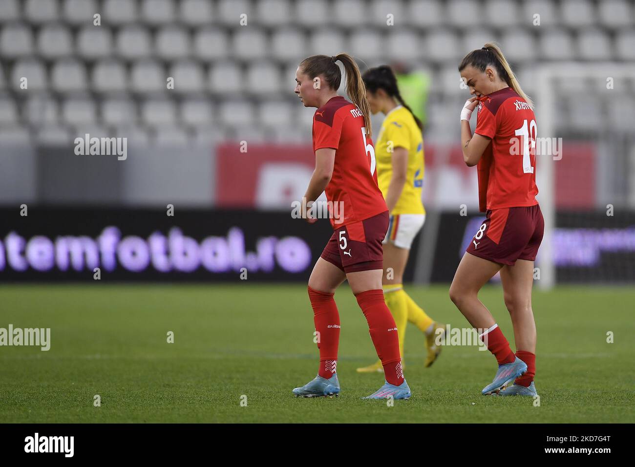 Noelle Maritz and Riola Xhemaili in action during the FIFA Women's World Cup 2023 Qualifier group G match between Romania and Switzerland at Stadionul National de Rugby Arcul de Triumf on April 08, 2022 in Bucharest, Romania. (Photo by Alex Nicodim/NurPhoto) Stock Photo