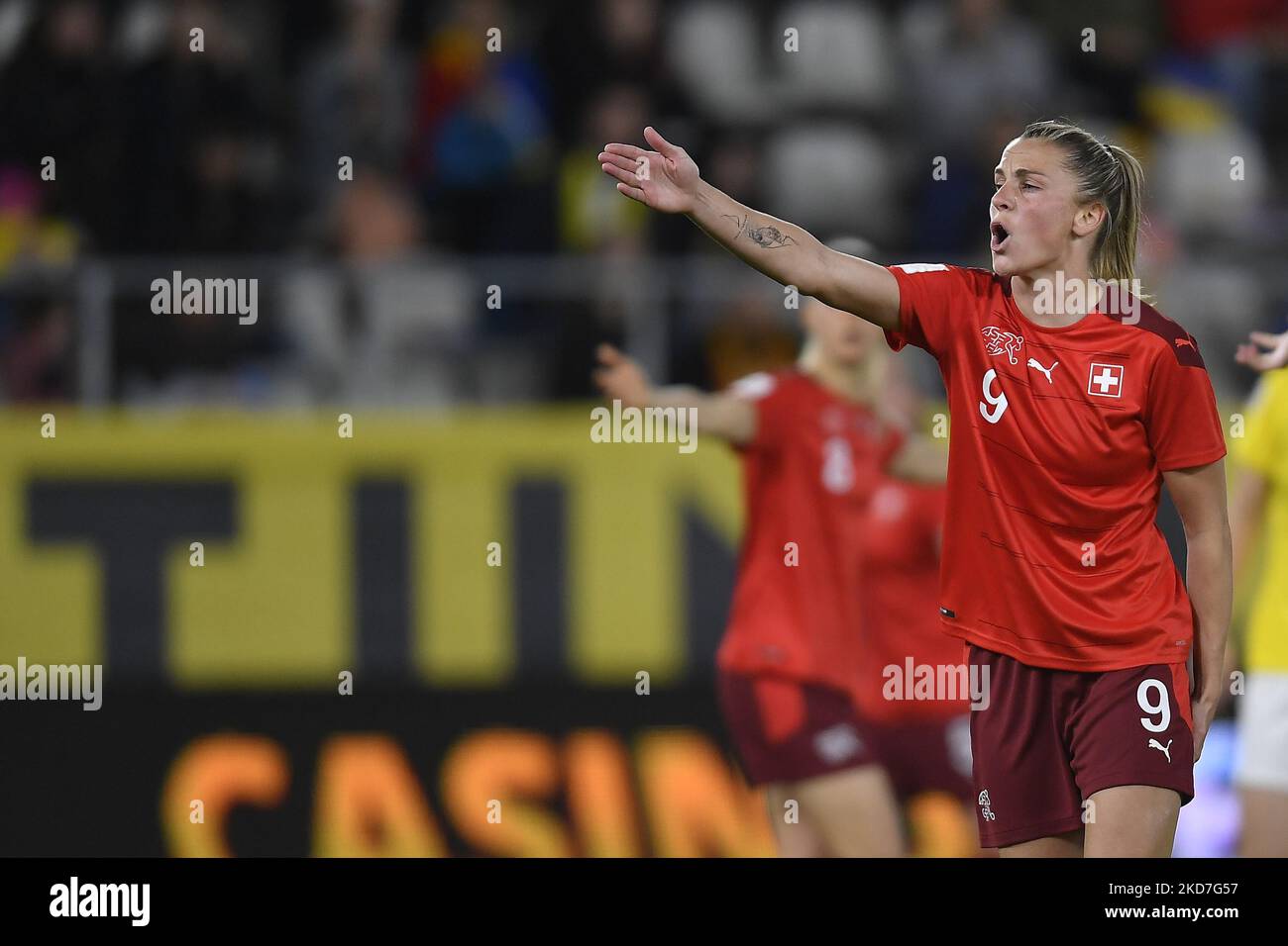 Ana-Maria Crnogorcevic reacts during the FIFA Women's World Cup 2023 Qualifier group G match between Romania and Switzerland at Stadionul National de Rugby Arcul de Triumf on April 08, 2022 in Bucharest, Romania. (Photo by Alex Nicodim/NurPhoto) Stock Photo