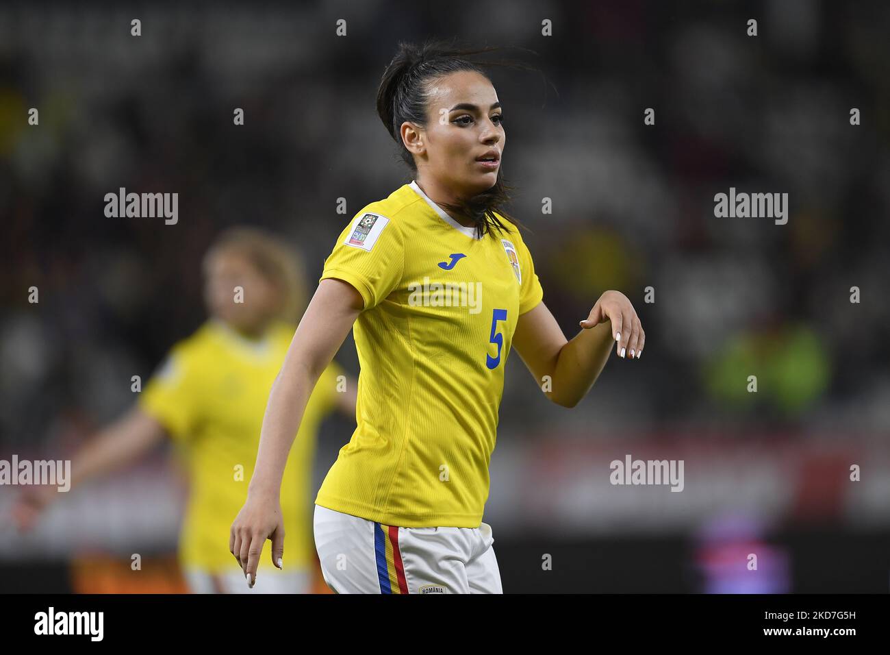 Teodora Meluta in action during the FIFA Women's World Cup 2023 Qualifier group G match between Romania and Switzerland at Stadionul National de Rugby Arcul de Triumf on April 08, 2022 in Bucharest, Romania. (Photo by Alex Nicodim/NurPhoto) Stock Photo