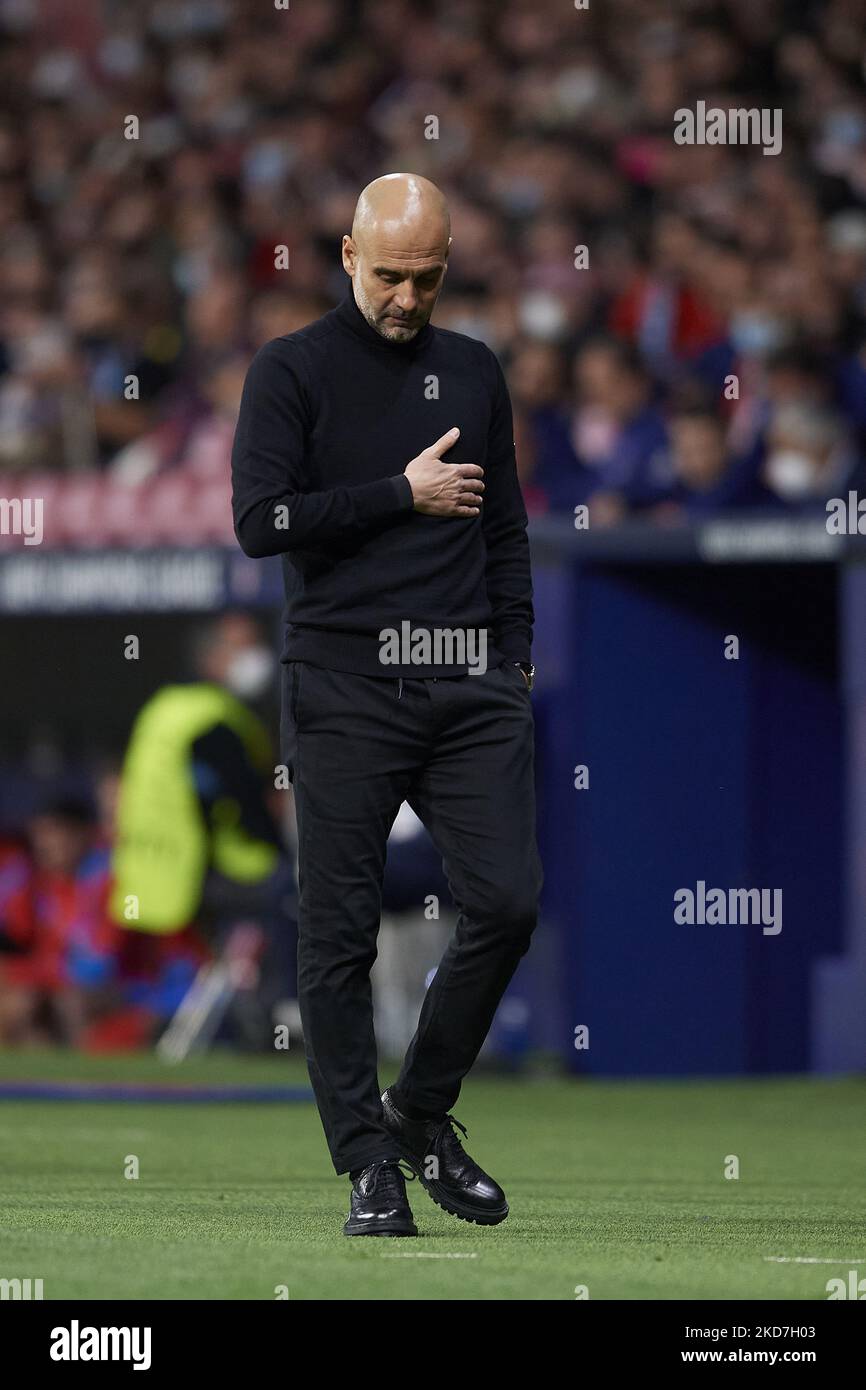 Pep Guardiola head coach of Manchester City during the UEFA Champions League Quarter Final Leg Two match between Atletico Madrid and Manchester City at Wanda Metropolitano on April 13, 2022 in Madrid, Spain. (Photo by Jose Breton/Pics Action/NurPhoto) Stock Photo